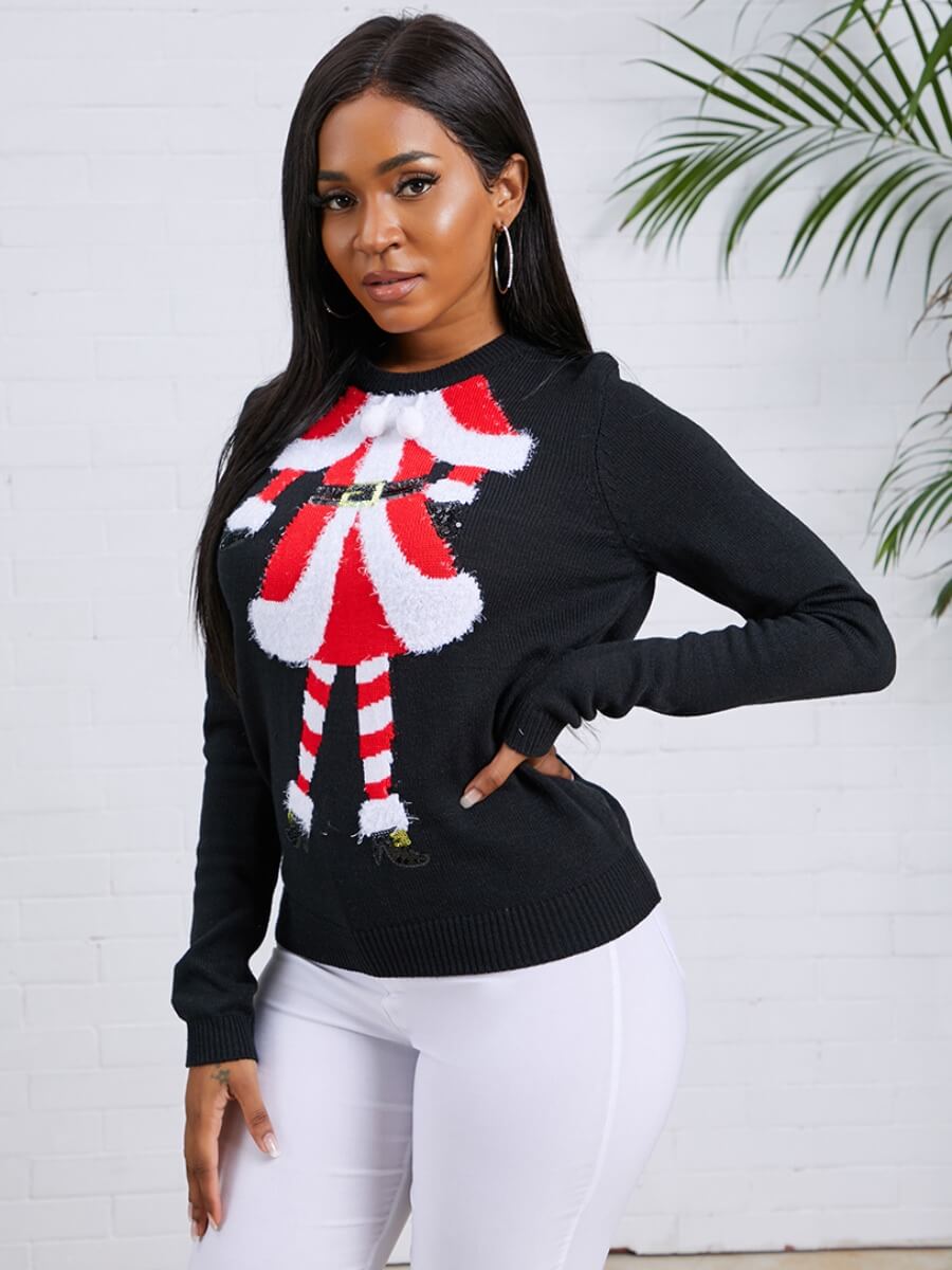 

Lovely Trendy O Neck Print Black Sweater