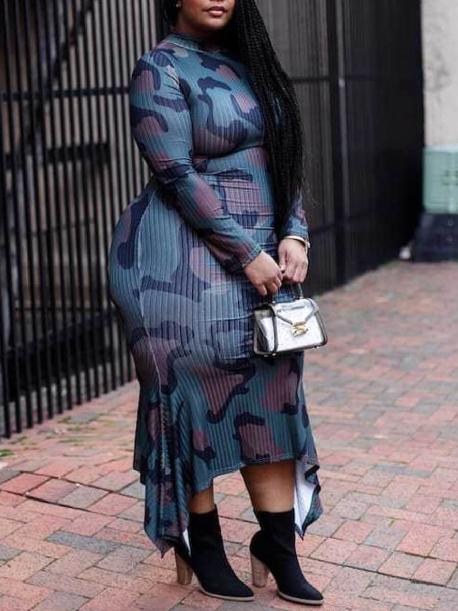 

Lovely Trendy O Neck Camo Print Asymmetrical Ankle Length Plus Size Dress