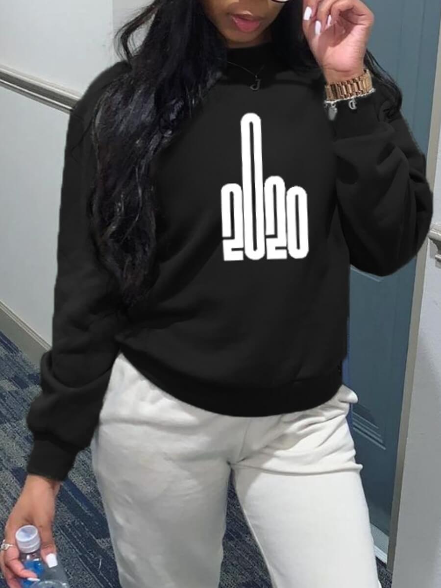 

Lovely Casual O Neck Print Black Hoodie