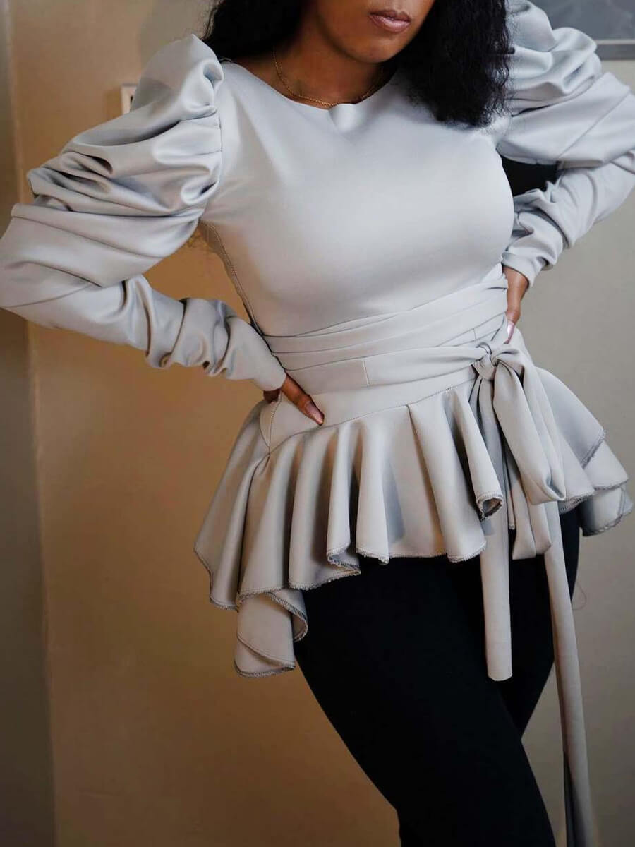 

Lovely Trendy O Neck Flounce Fold Design Grey Blouse