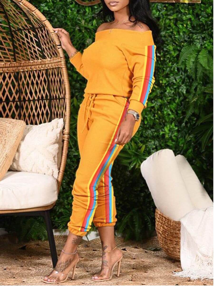 

Lovely Trendy Dew Shoulder Patchwork Yellow Two Piece Pants Set