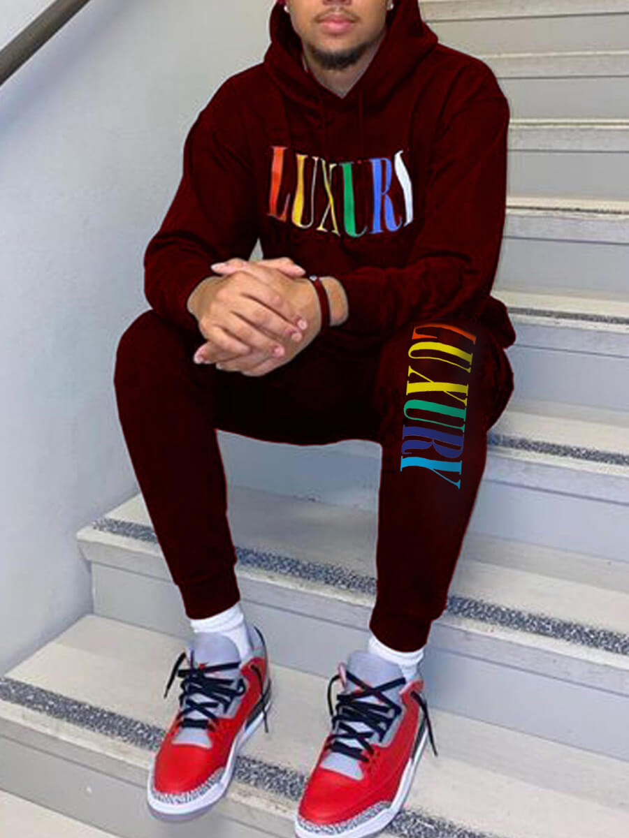

Lovely Men Casual Hooded Collar Letter Print Wine Red Two-piece Pants Set