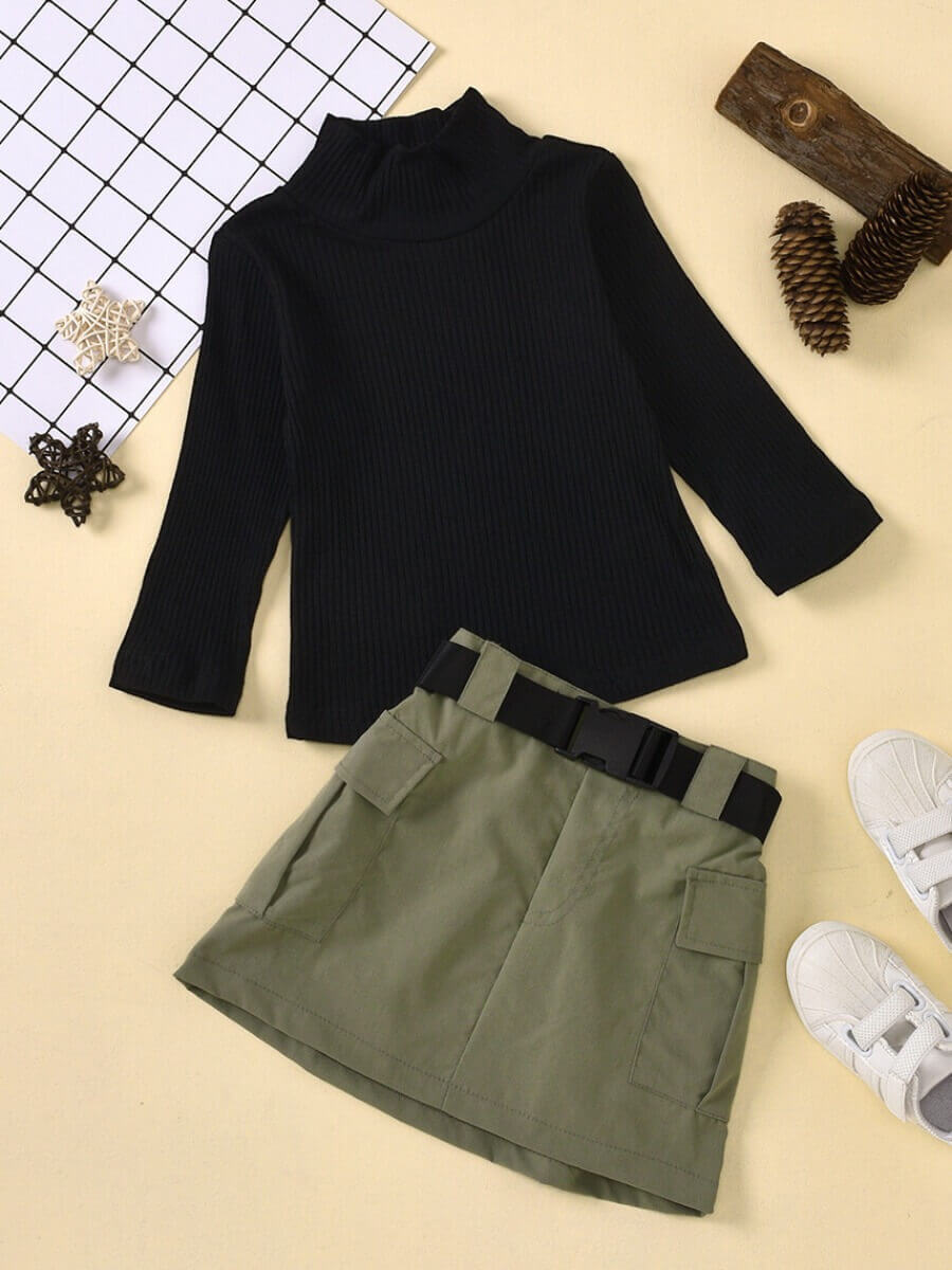 

Lovely Girl Casual Turtleneck Pocket Patched Black Two-piece Skirt Set