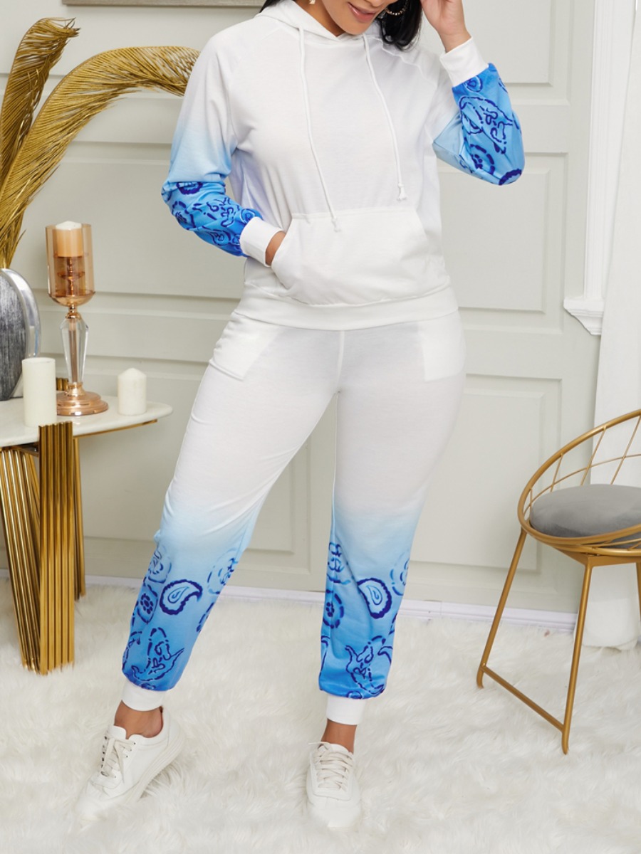 

lovely Street Hooded Collar Tie Dye Print White Two Piece Pants Set