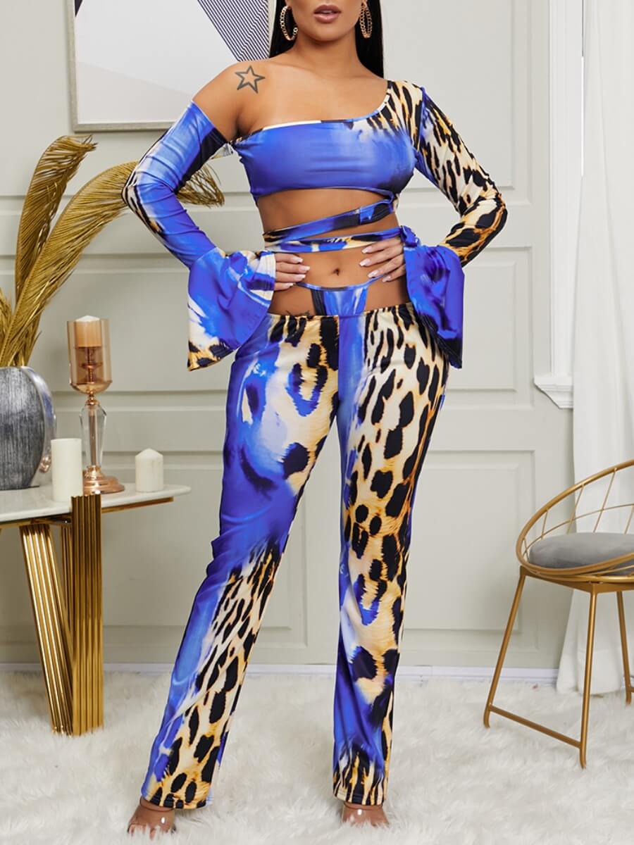 

Lovely Trendy Print Bandage Design Blue Two Piece Pants Set
