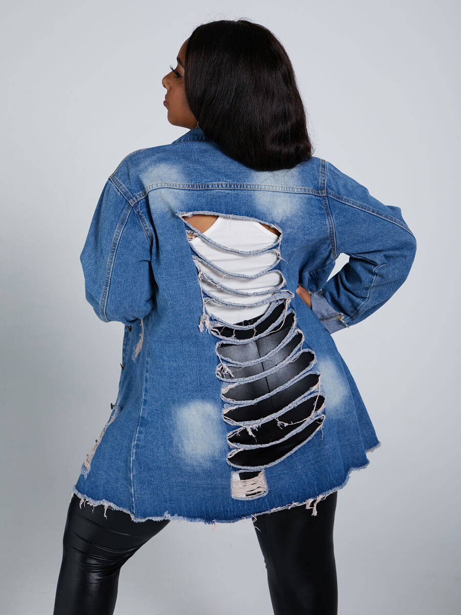 

LW Plus Size Stylish Turndown Collar Broken Holes Blue Denim Jacket