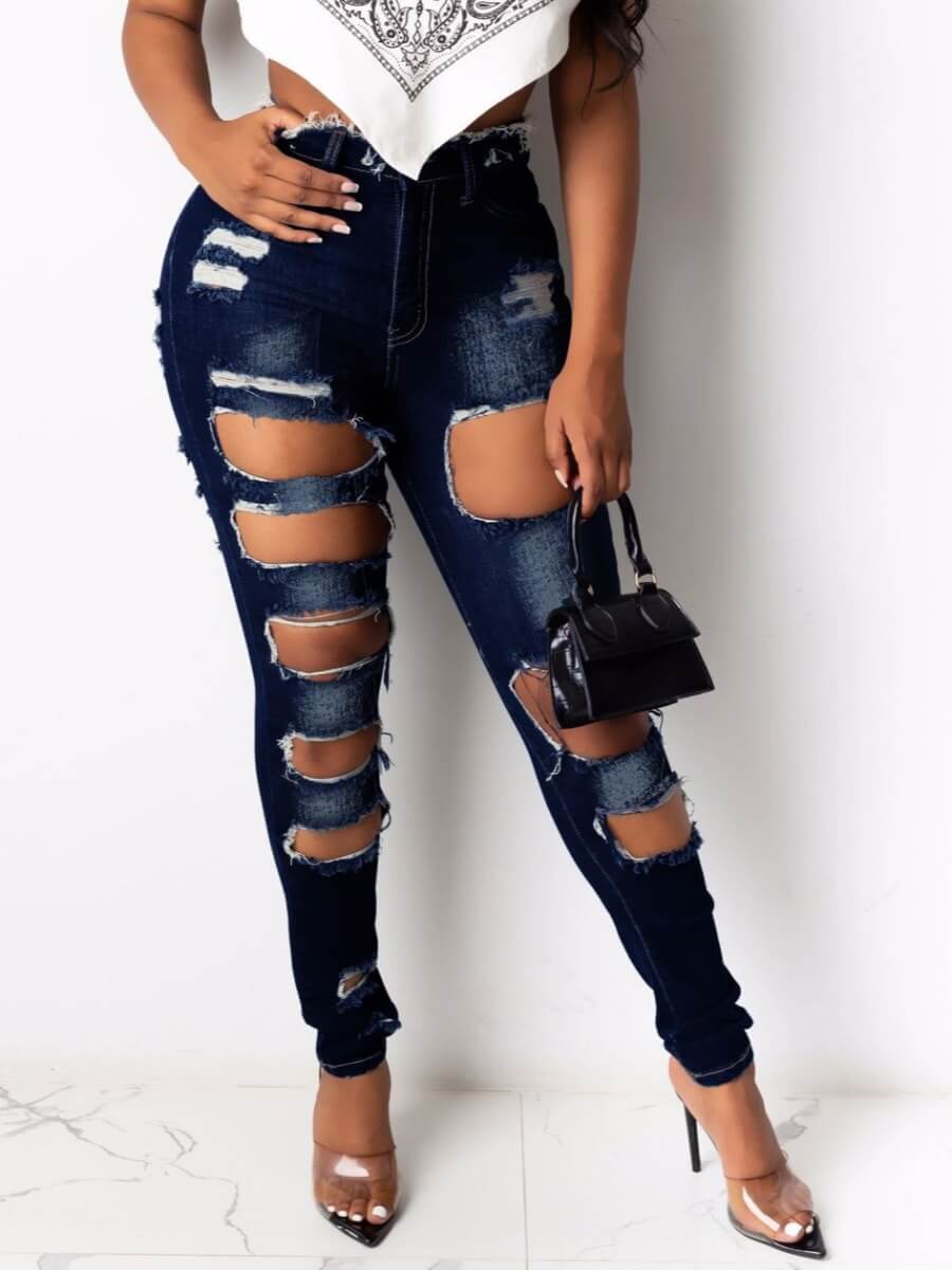 

Lovely Street Hollow-out Deep Blue Jeans