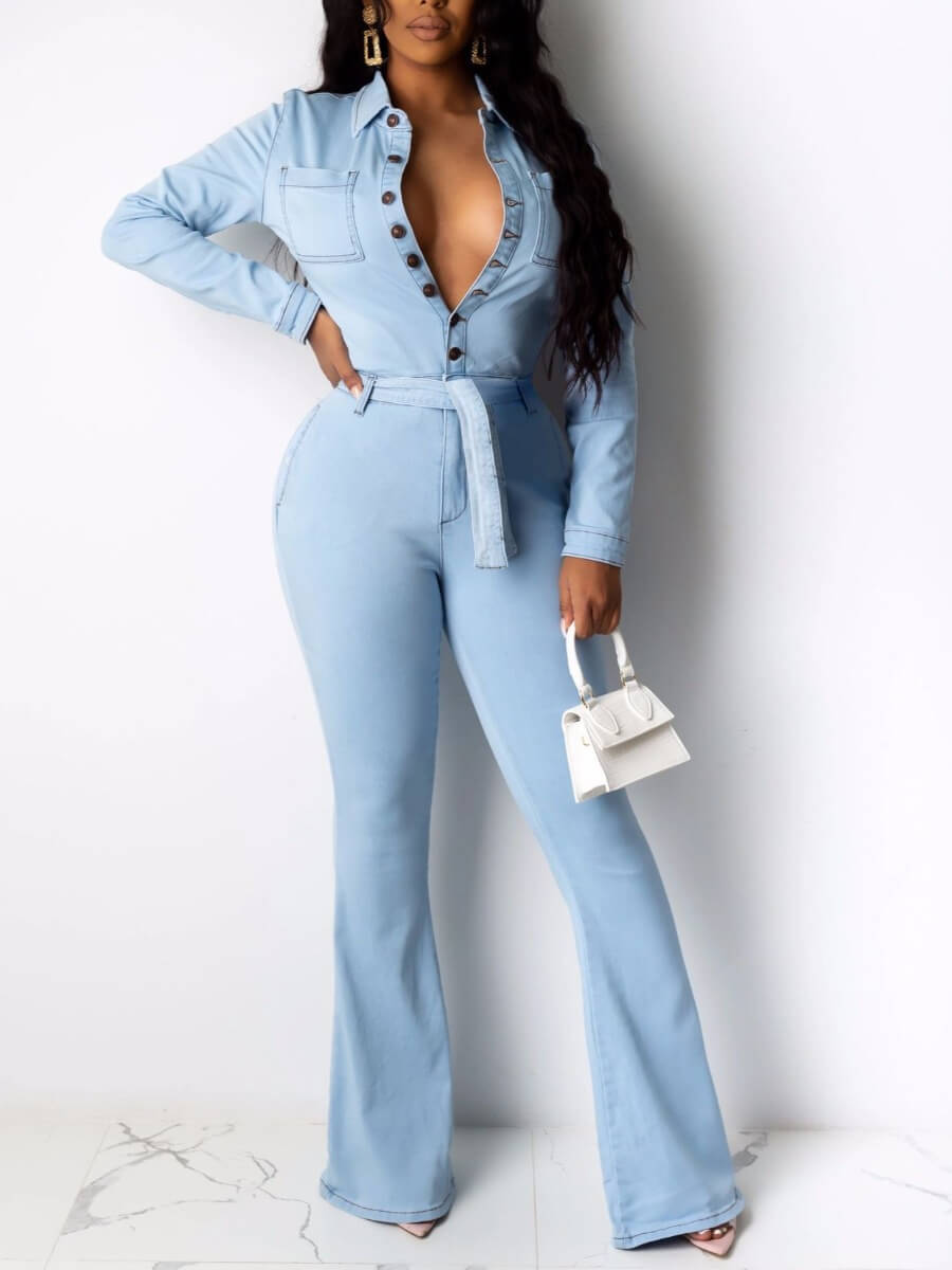 

Lovely Trendy Turndown Collar Buttons Design Baby Blue Denim One-piece Jumpsuit