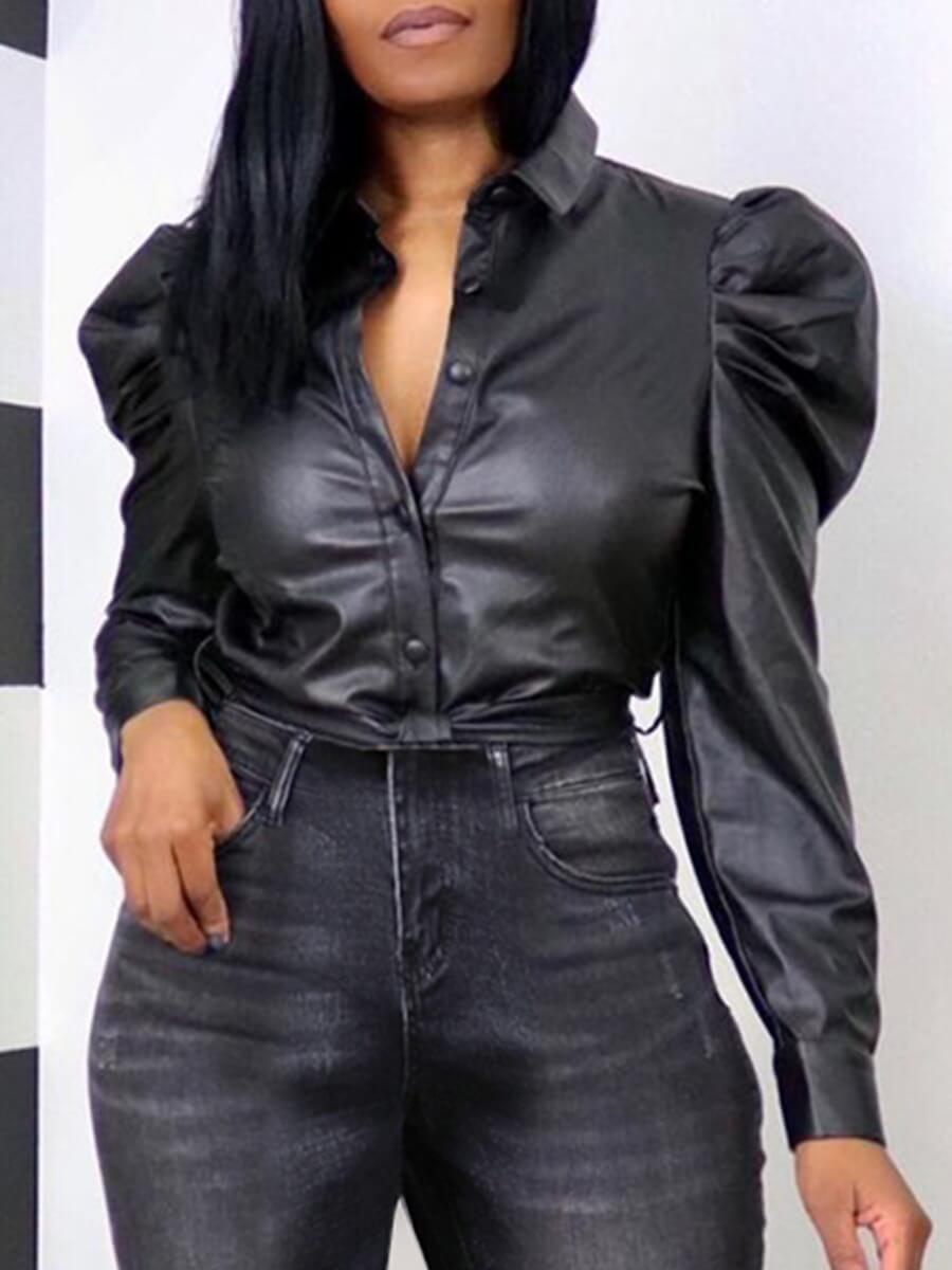 

Lovely Stylish Turndown Collar Buttons Design Black Blouse