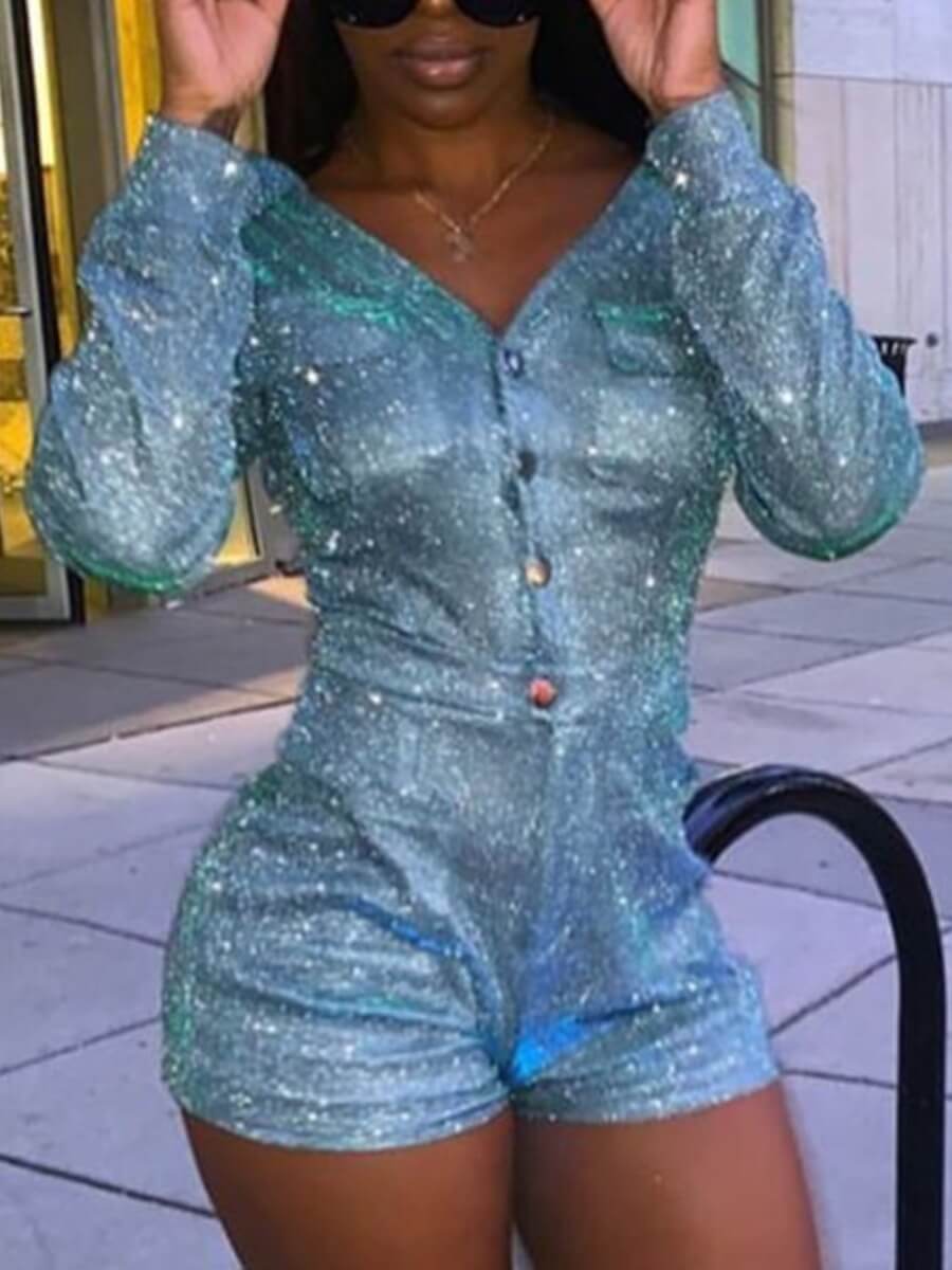 

Lovely Stylish V Neck Buttons Design Blue One-piece Romper