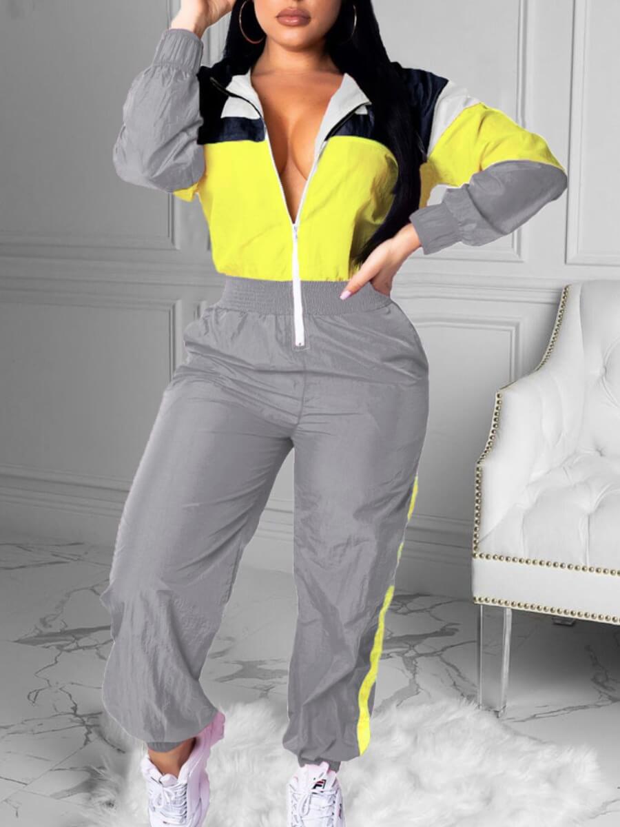 

Lovely Sportswear Turndown Collar Patchwork Zipper Design Grey One-piece Jumpsuit