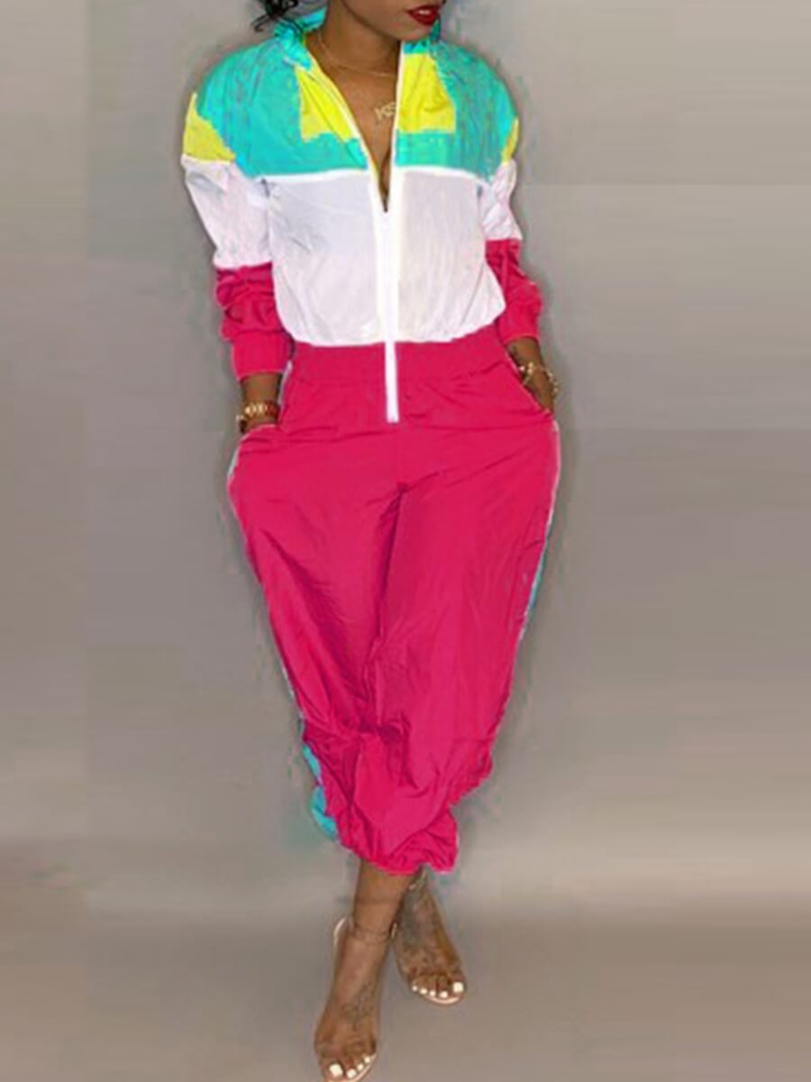 

Lovely Sportswear Turndown Collar Patchwork Zipper Design Pink One-piece Jumpsuit