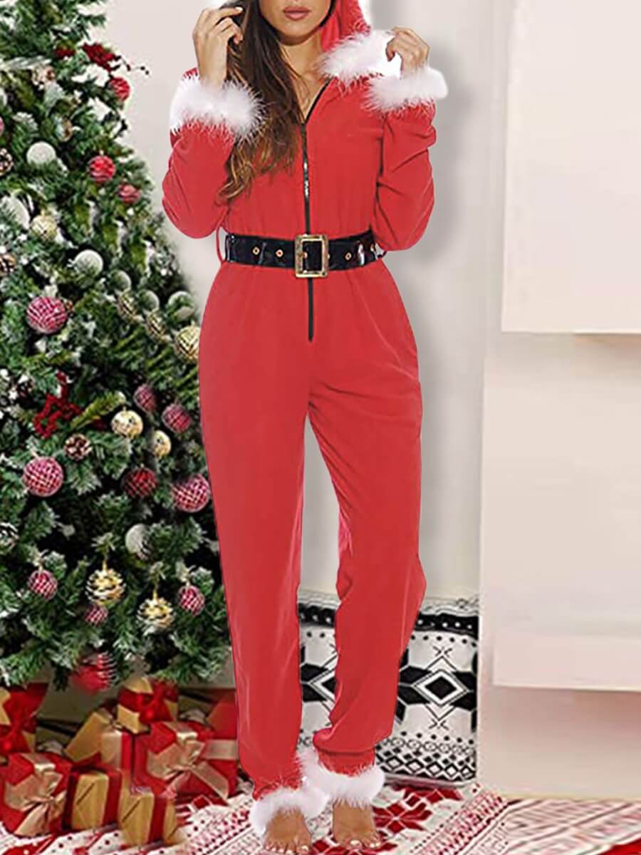 

Lovely Stylish Hooded Collar Zipper Design Red One-piece Jumpsuit