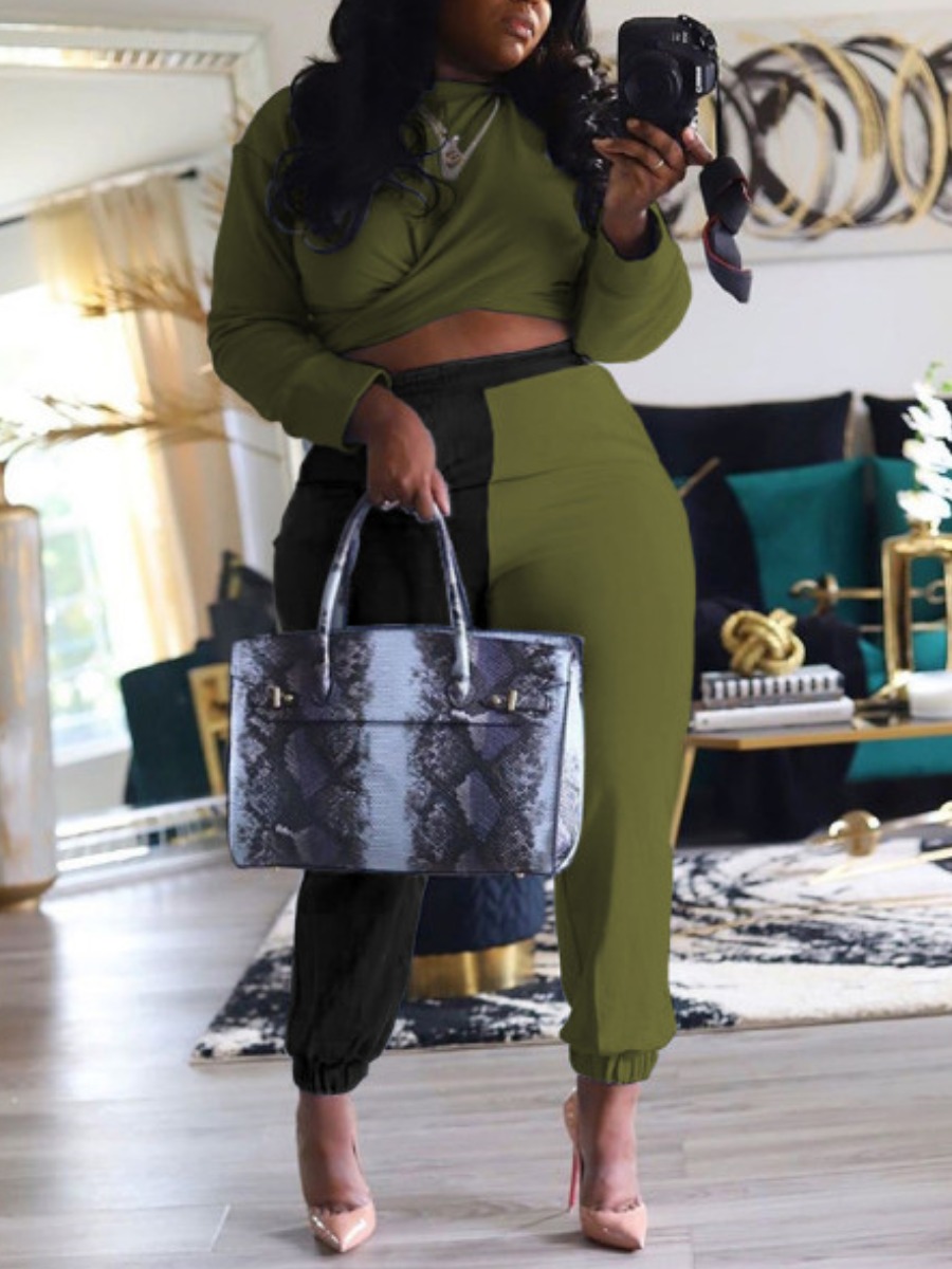

lovely Casual O Neck Cross-over Design Patchwork Green Plus Size Two-piece Pants Set