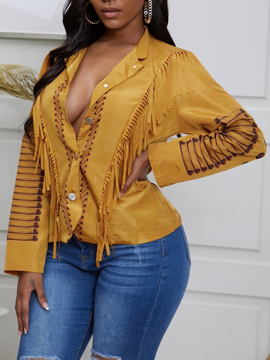 

Lovely Trendy Turndown Collar Tassel Design Yellow Coat