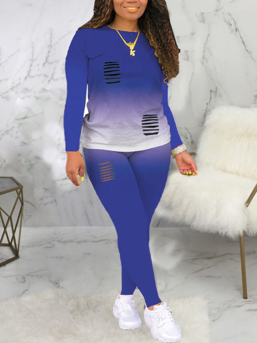 

Lovely Street O Neck Broken Holes Deep Blue Two Piece Pants Set