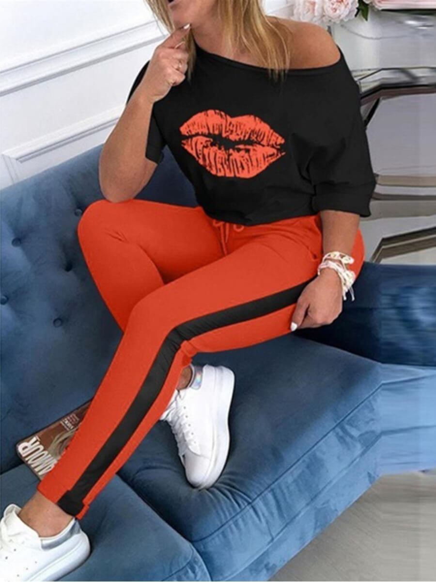 

Lovely Casual Lip Print Patchwork Jacinth Two Piece Pants Set