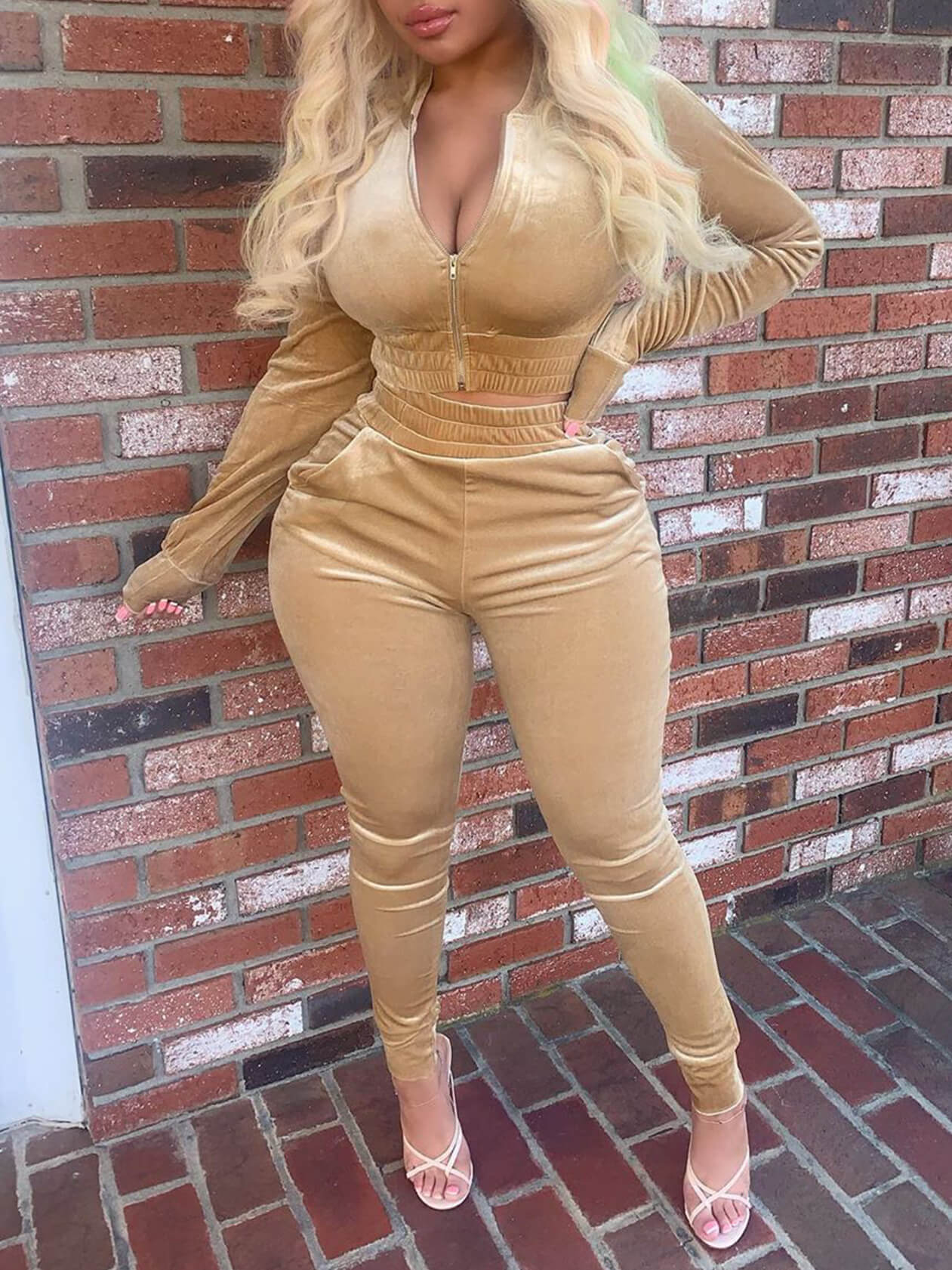 

LW Velvet Zipper Design Skinny Apricot Pants Set