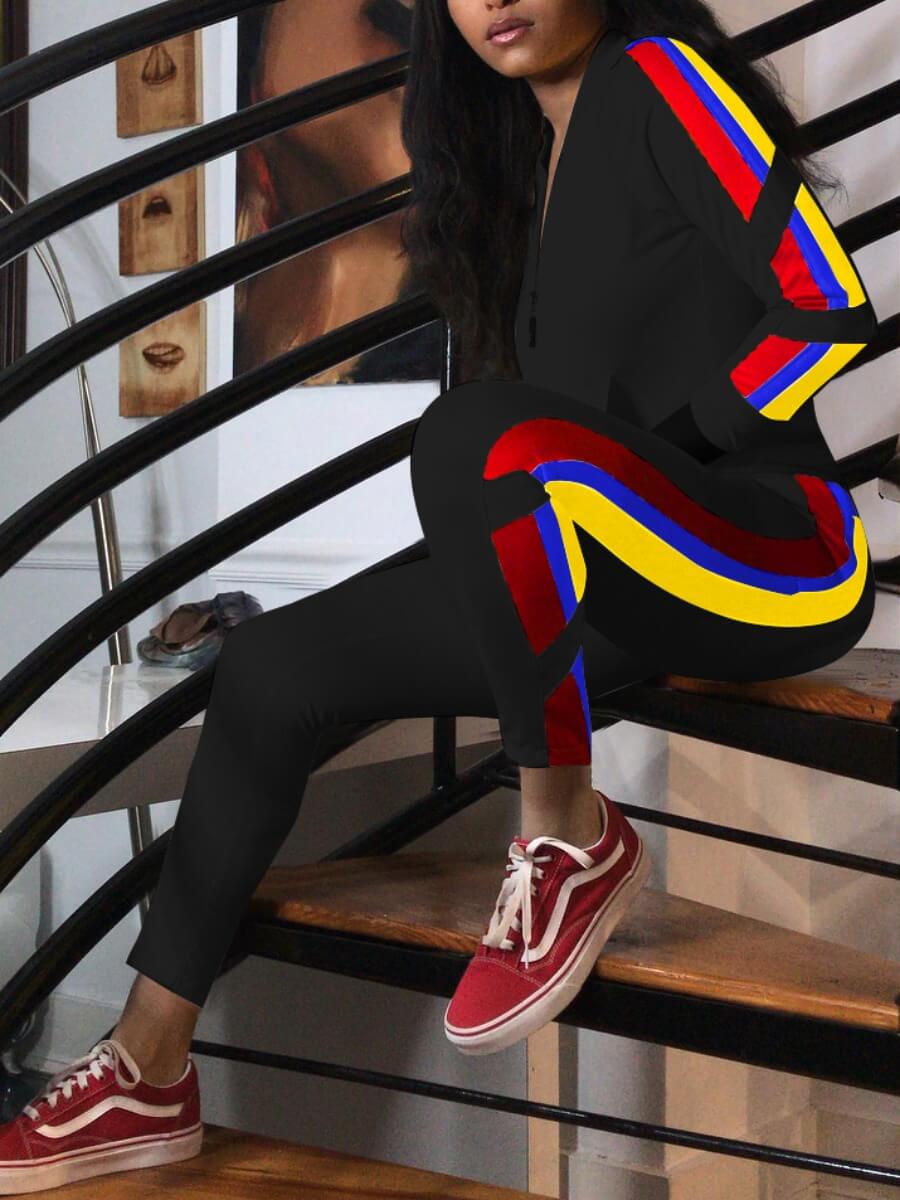 

Lovely Sportswear Patchwork Zipper Design Black Two Piece Pants Set
