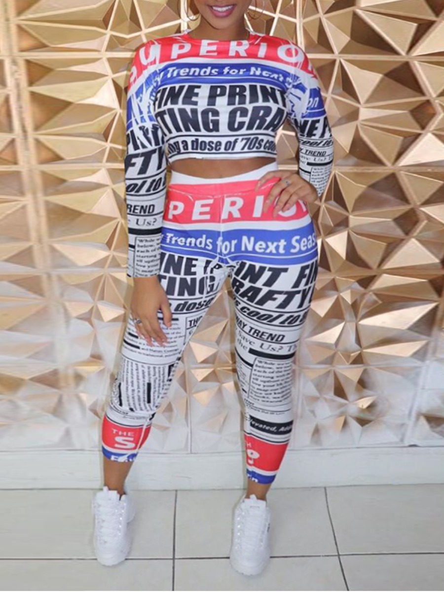 

Lovely Sportswear O Neck Letter Print Multicolor Two Piece Pants Set, Multi