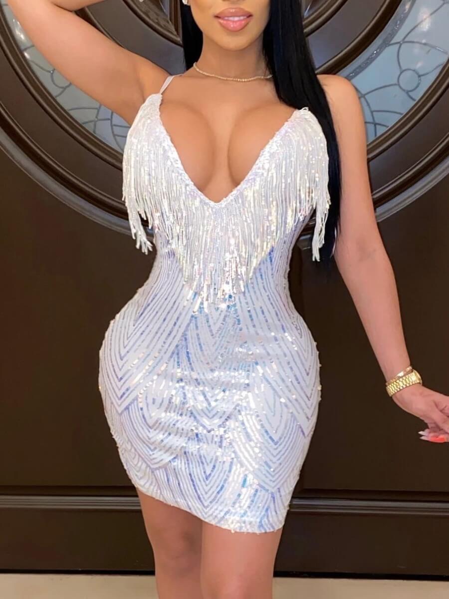 

Lovely Sexy Spaghetti Strap Tassel Design White Mini Dress