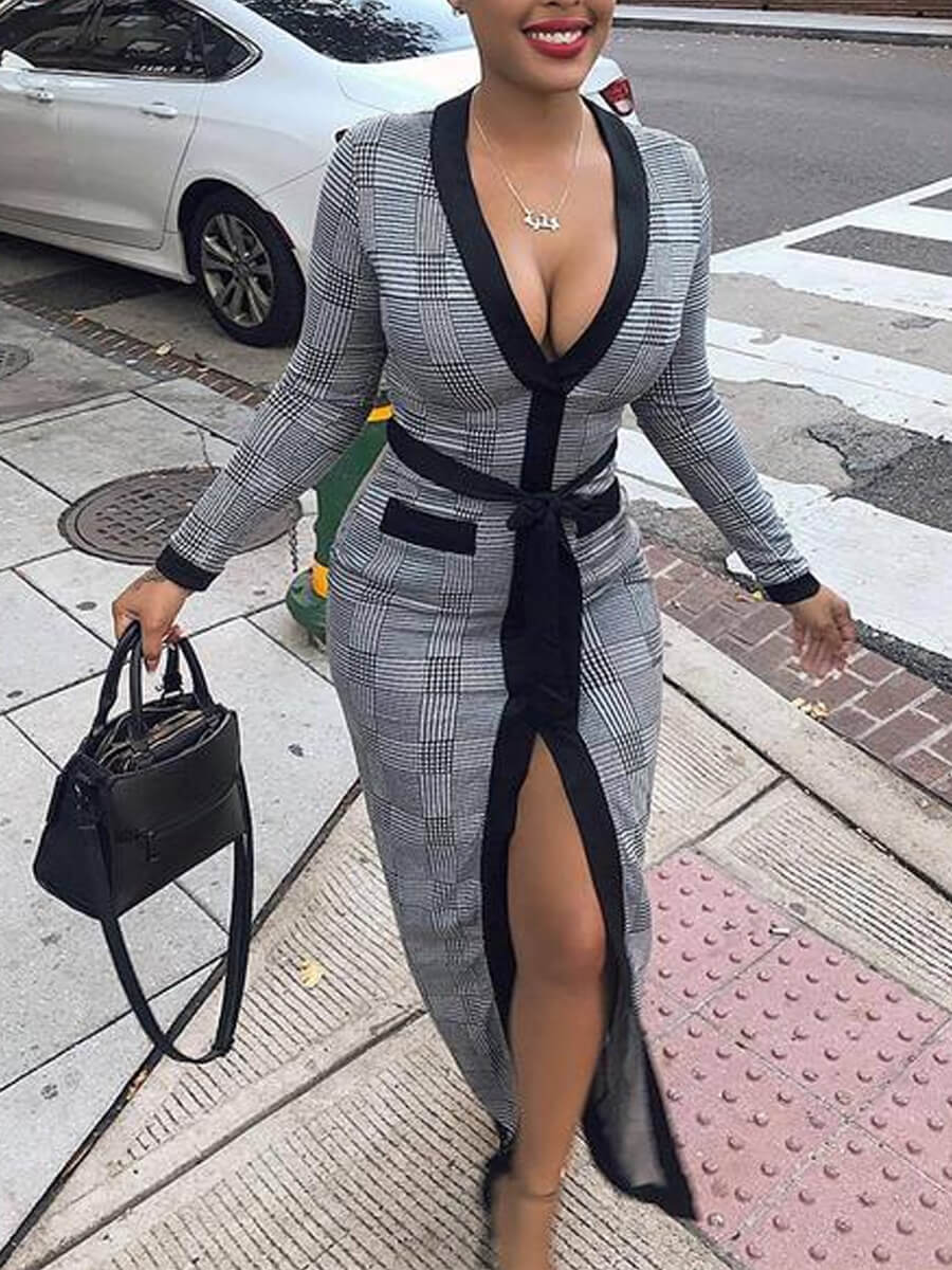 

Lovely Stylish Deep V Neck Grid Print Lace-up Grey Ankle Length Dress
