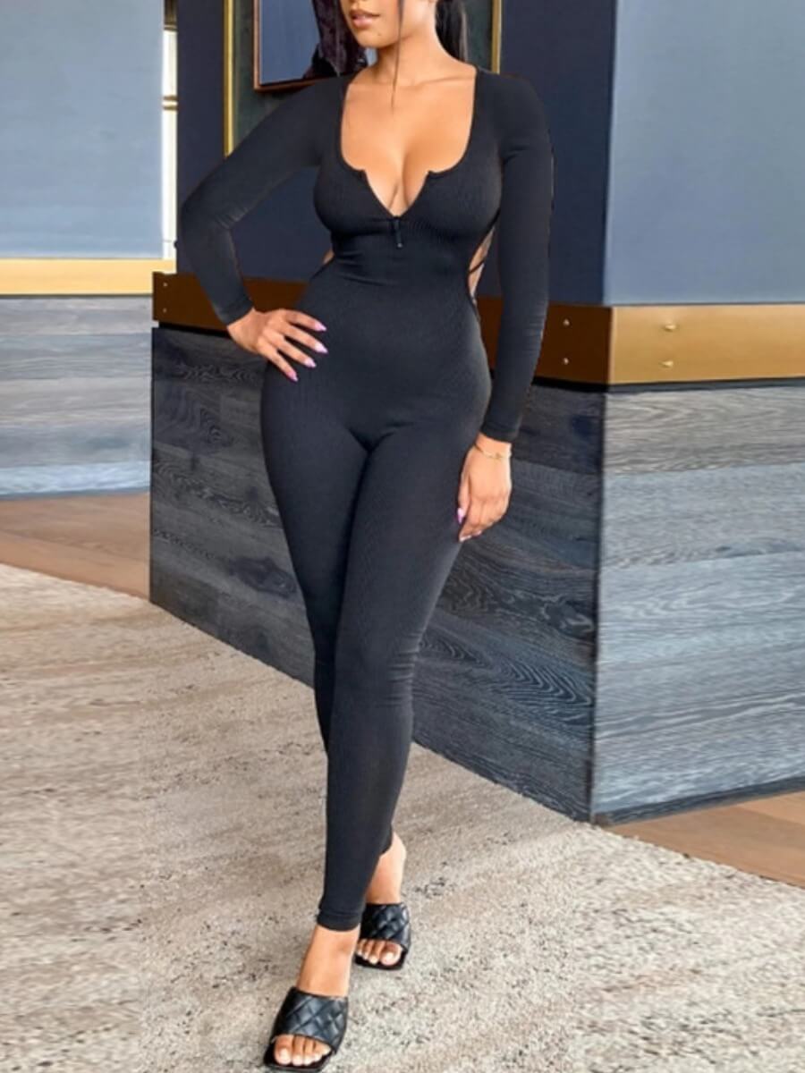 

Lovely Sportswear Backless Skinny Black One-piece Jumpsuit