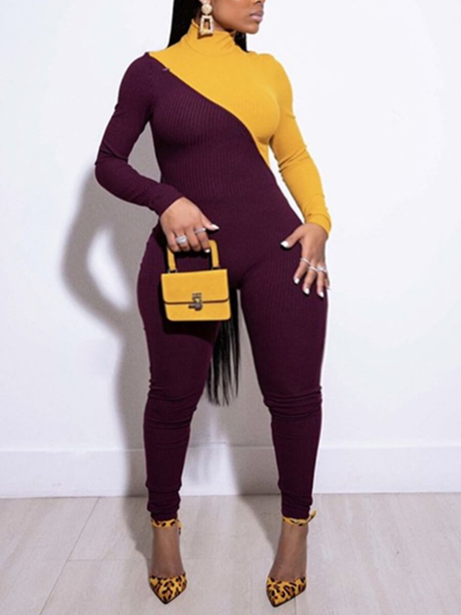 

Lovely Casual Turtleneck Patchwork Wine Red Plus Size One-piece Jumpsuit