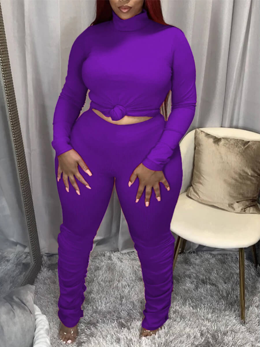 

Lovely Casual Turtleneck Basic Skinny Purple Plus Size Two-piece Pants Set