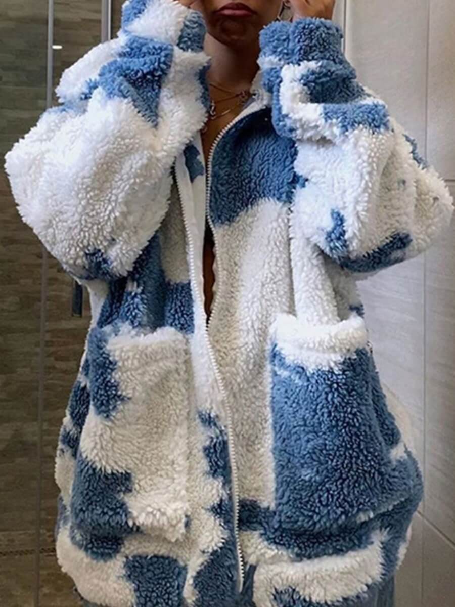 

Lovely Casual Tie-dye Zipper Design Blue Faux Fur