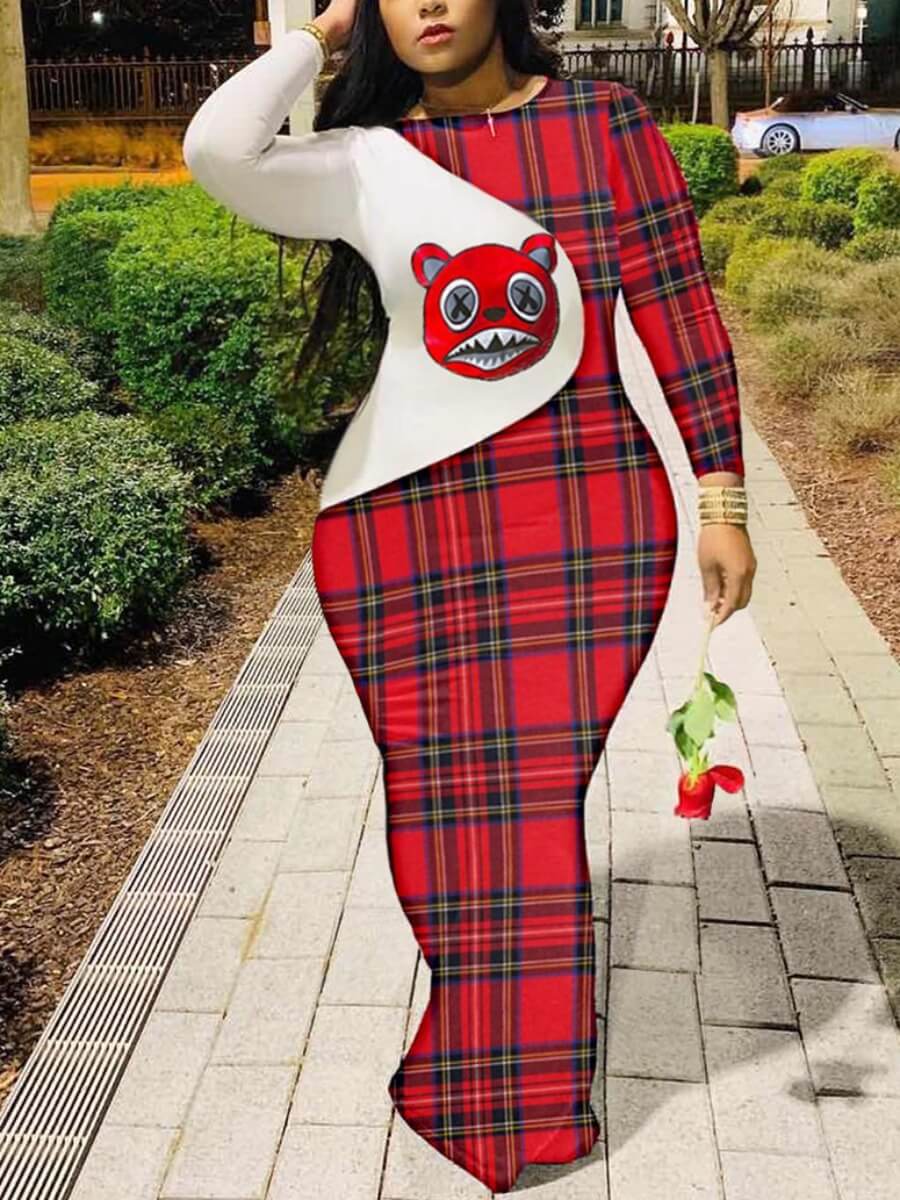 

Lovely Stylish O Neck Print Patchwork Red Maxi Plus Size Dress