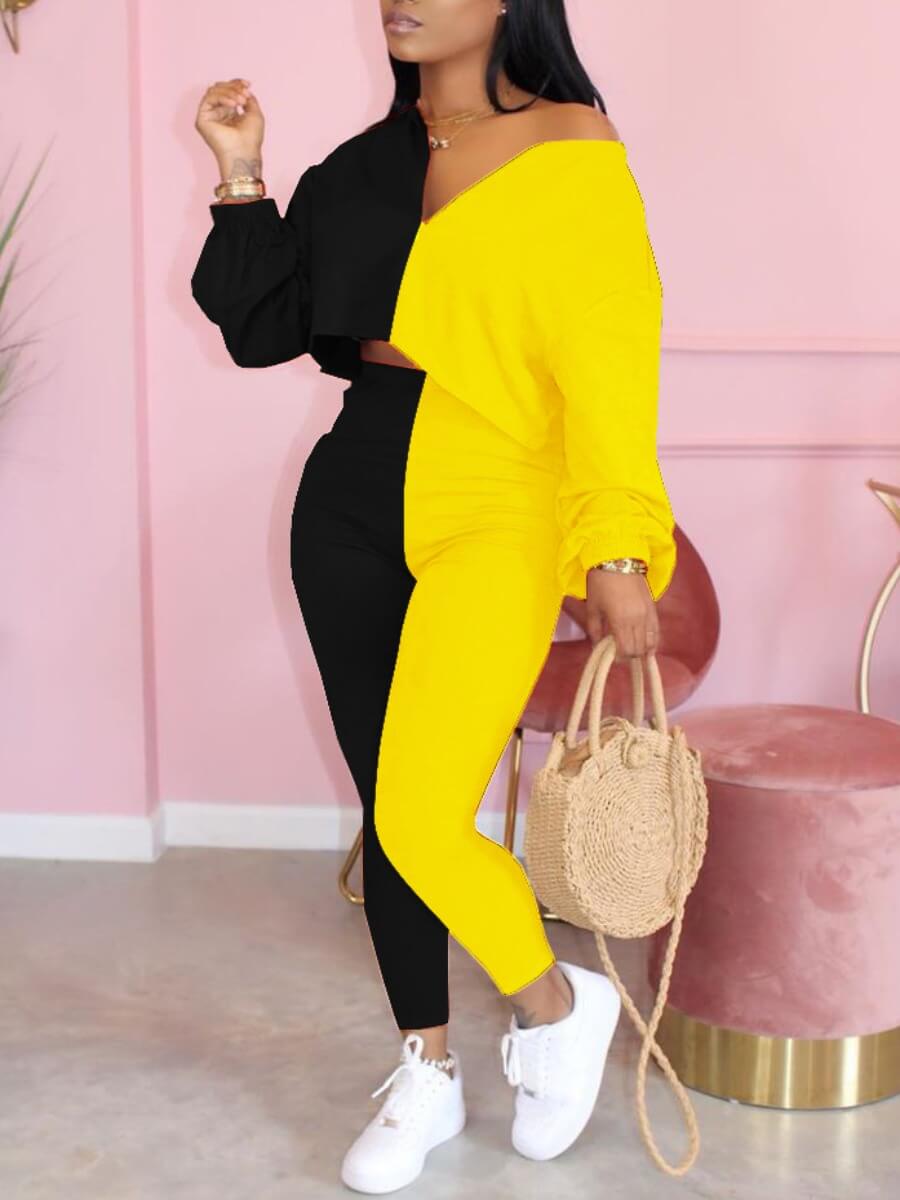 

Lovely Casual Patchwork Black Two Piece Pants Set