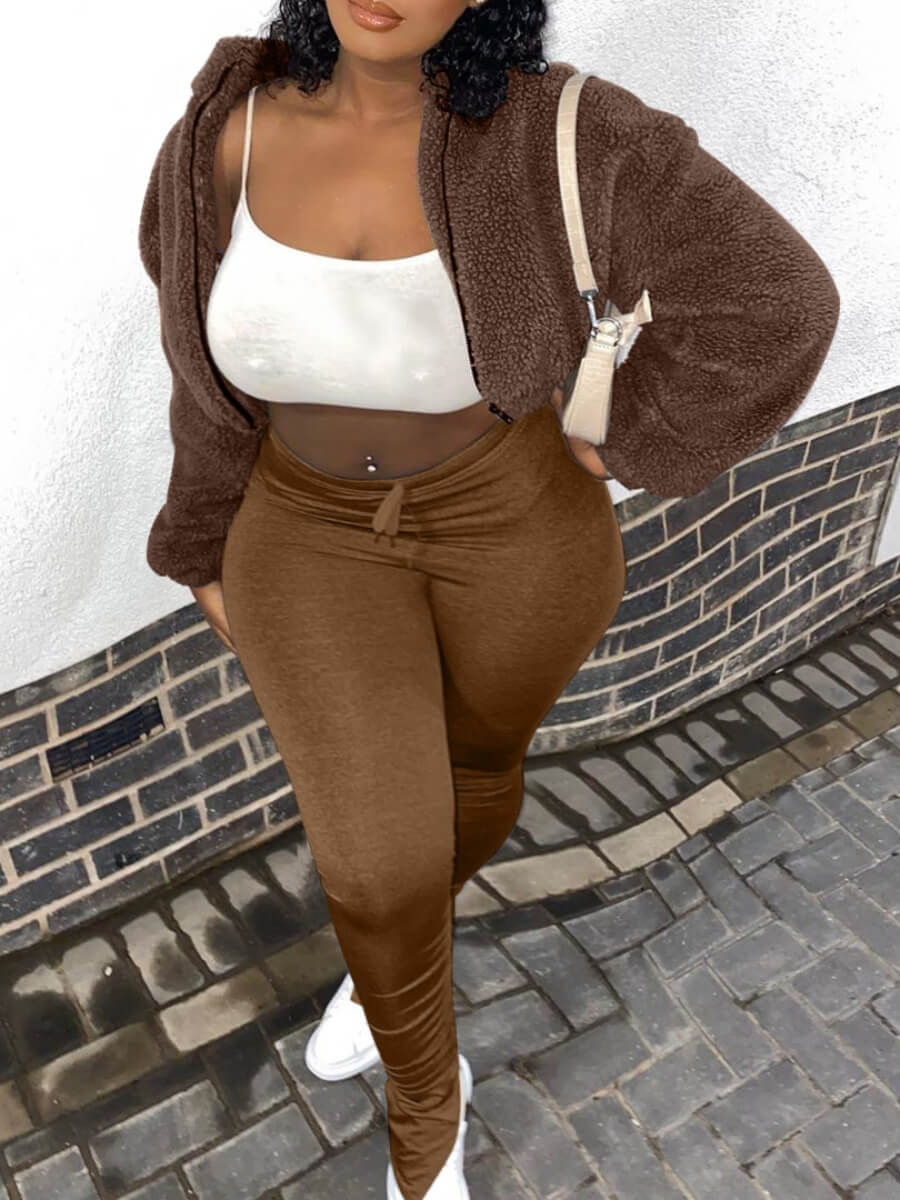 

Lovely Casual Turndown Collar Zipper Design Brown Two Piece Pants Set