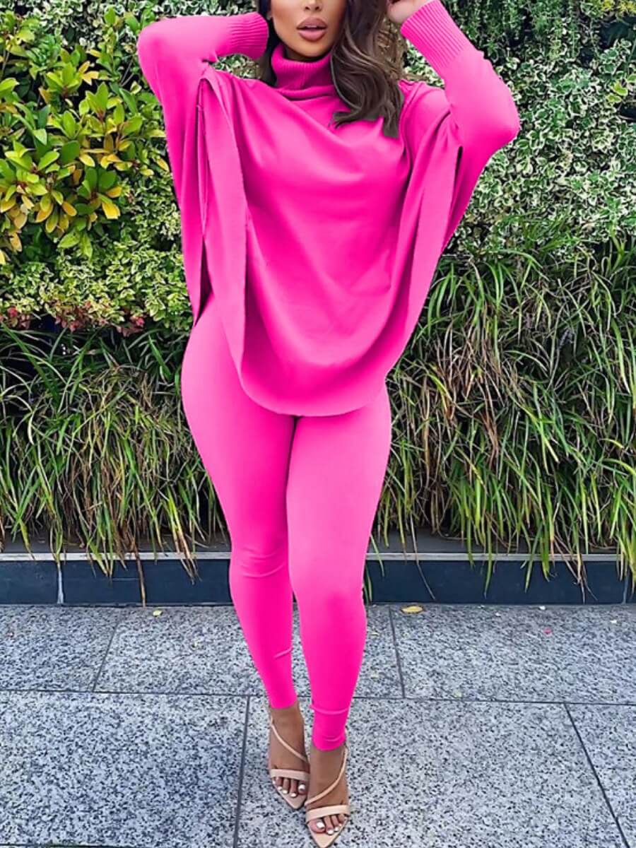 

Lovely Casual Turtleneck Loose Rose Red Two Piece Pants Set