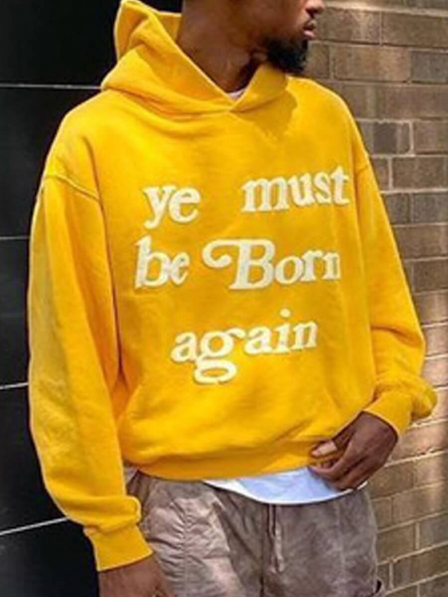 

LW Men Hooded Collar Letter Print Hoodie, Yellow