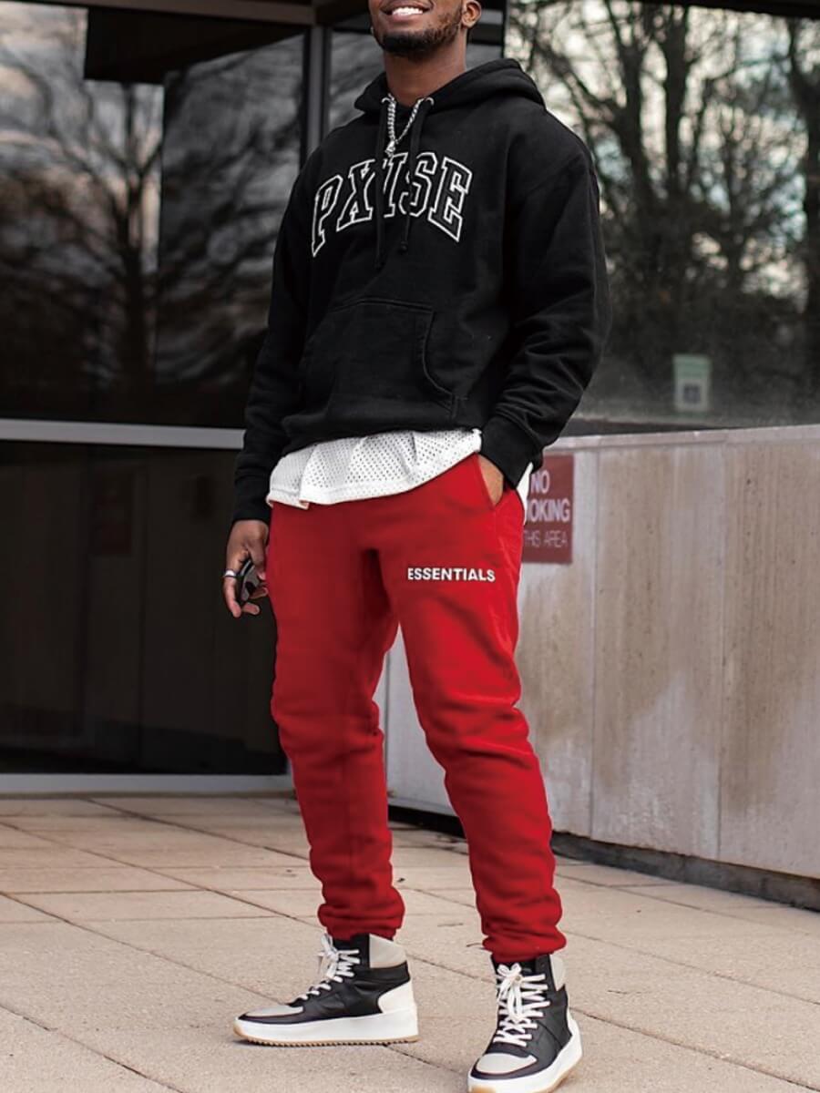 

Lovely Leisure Hooded Collar Letter Print Black Men Two-piece Pants Set