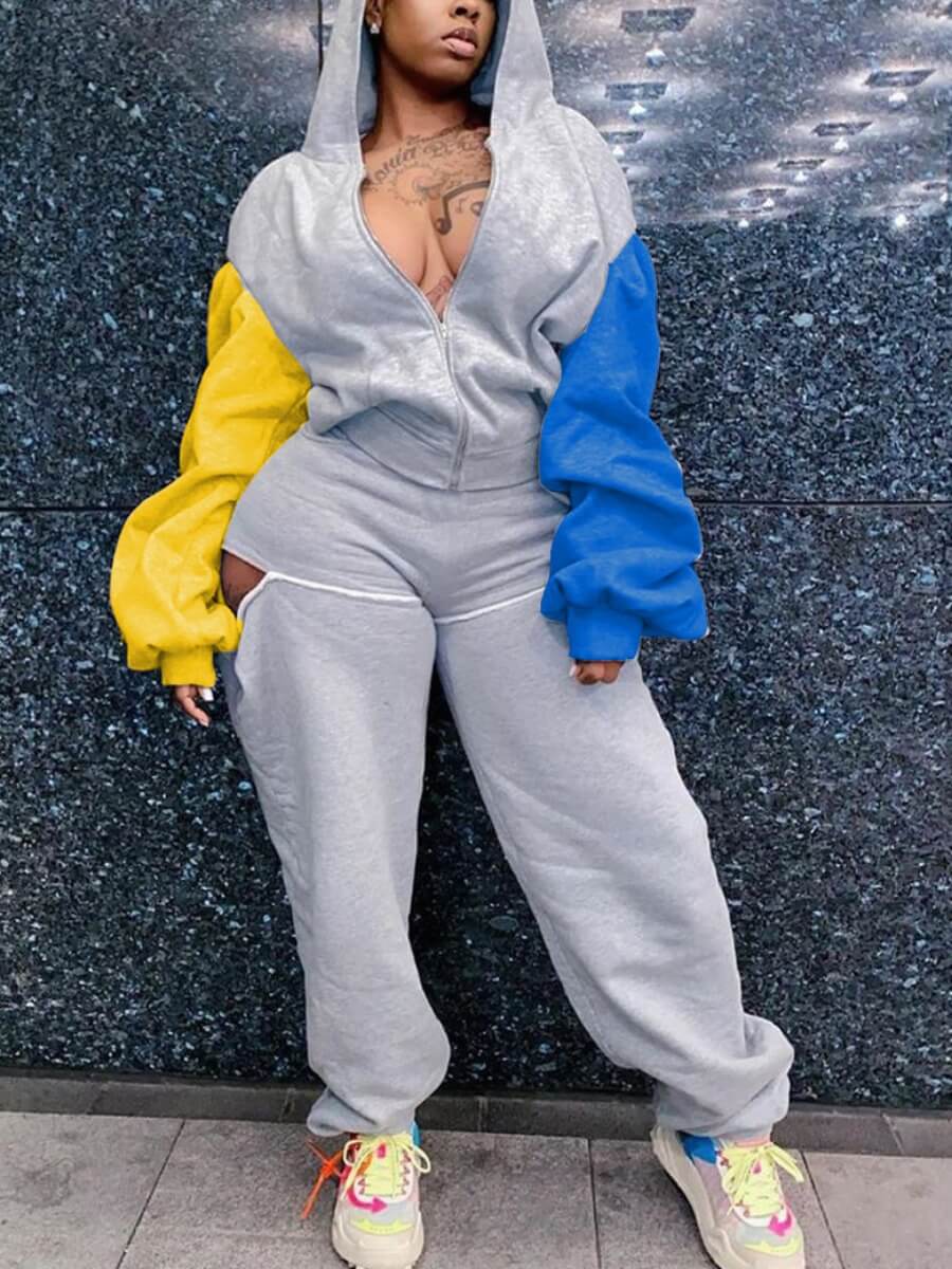 

Lovely Sportswear Hooded Collar Patchwork Grey Two Piece Pants Set