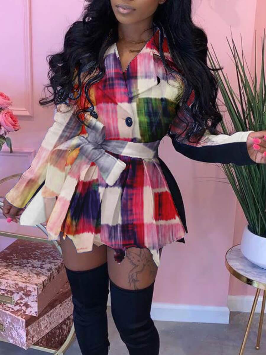 

Lovely Trendy Turn-back Collar Tie-dye Red Mini Dress