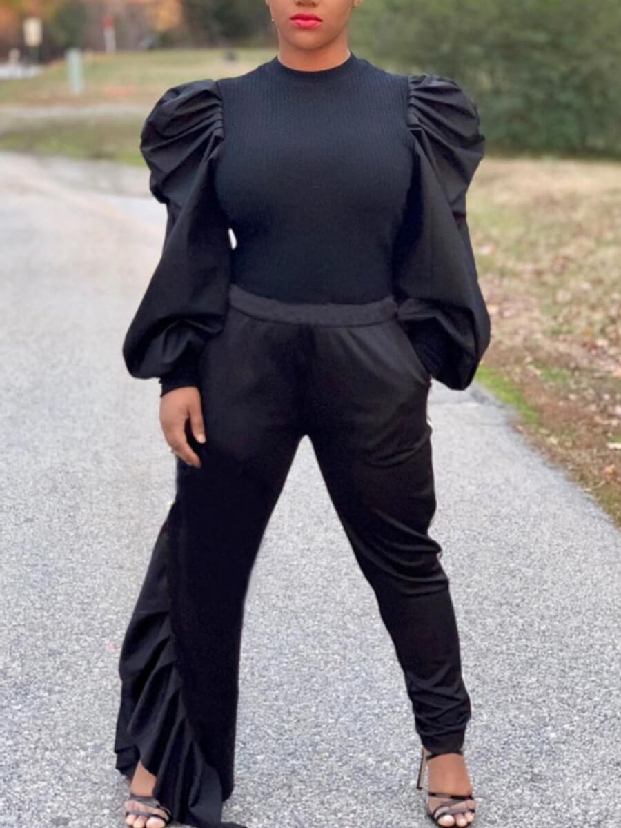 

Lovely Stylish O Neck Fold Design Black Two Piece Pants Set