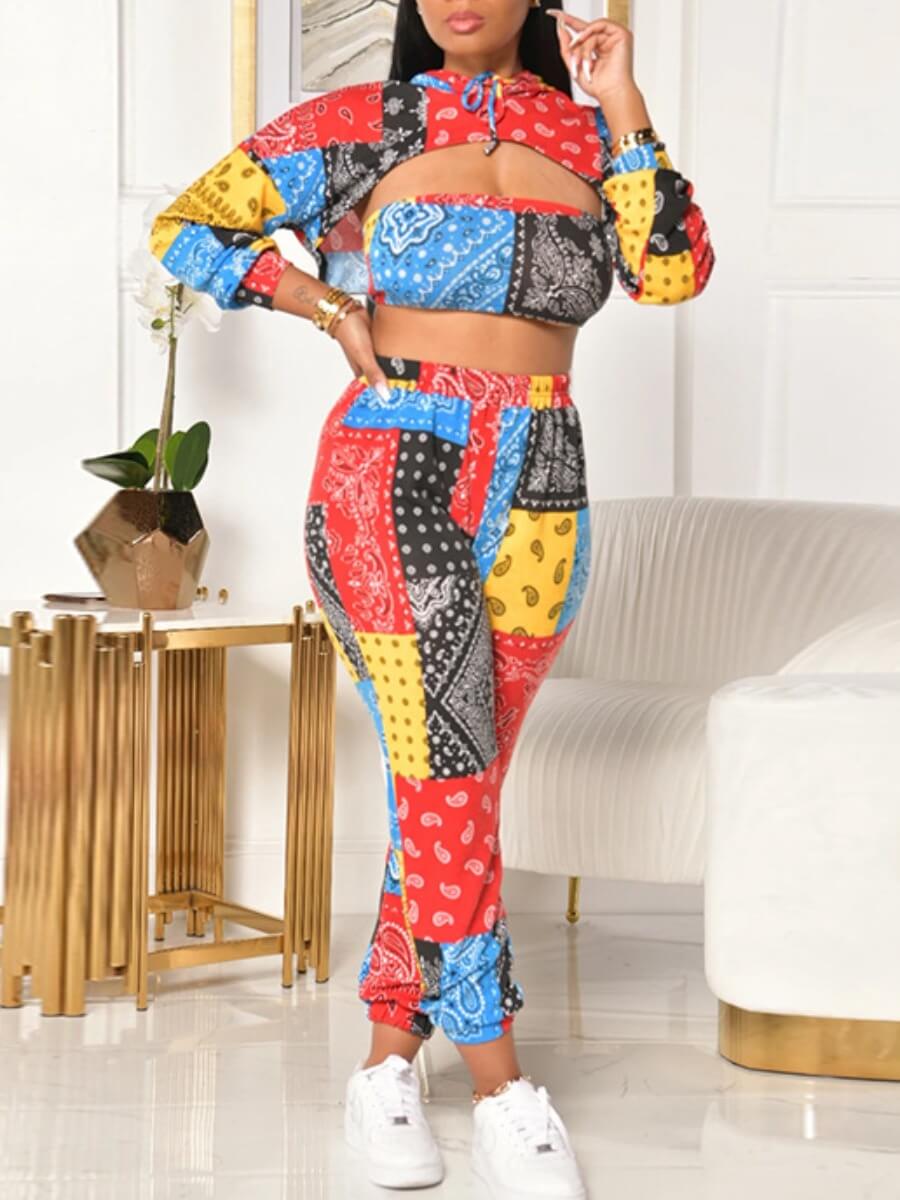 

Lovely Stylish Hooded Collar Print Multicolor Three Piece Pants Set, Multi