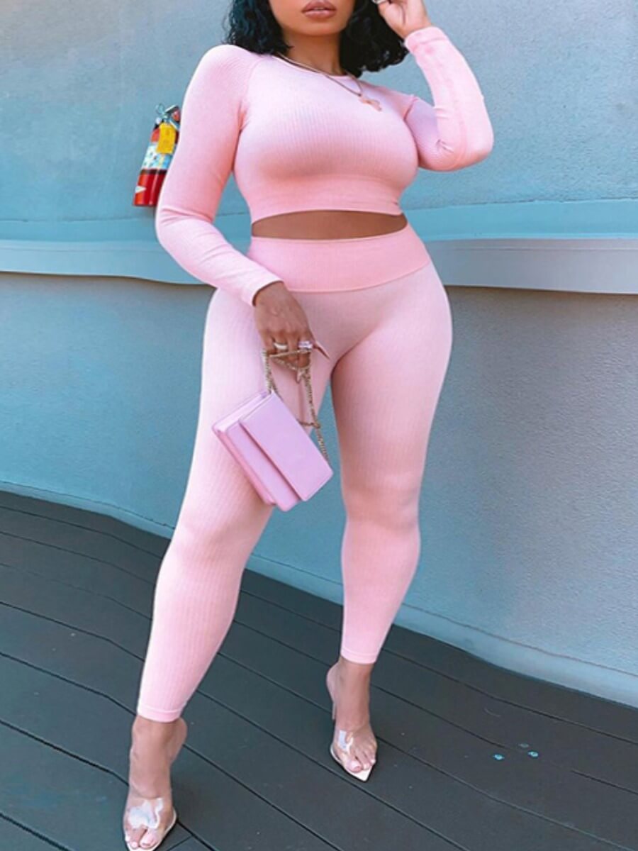 

Lovely Sportswear O Neck Basic Skinny Pink Two Piece Pants Set