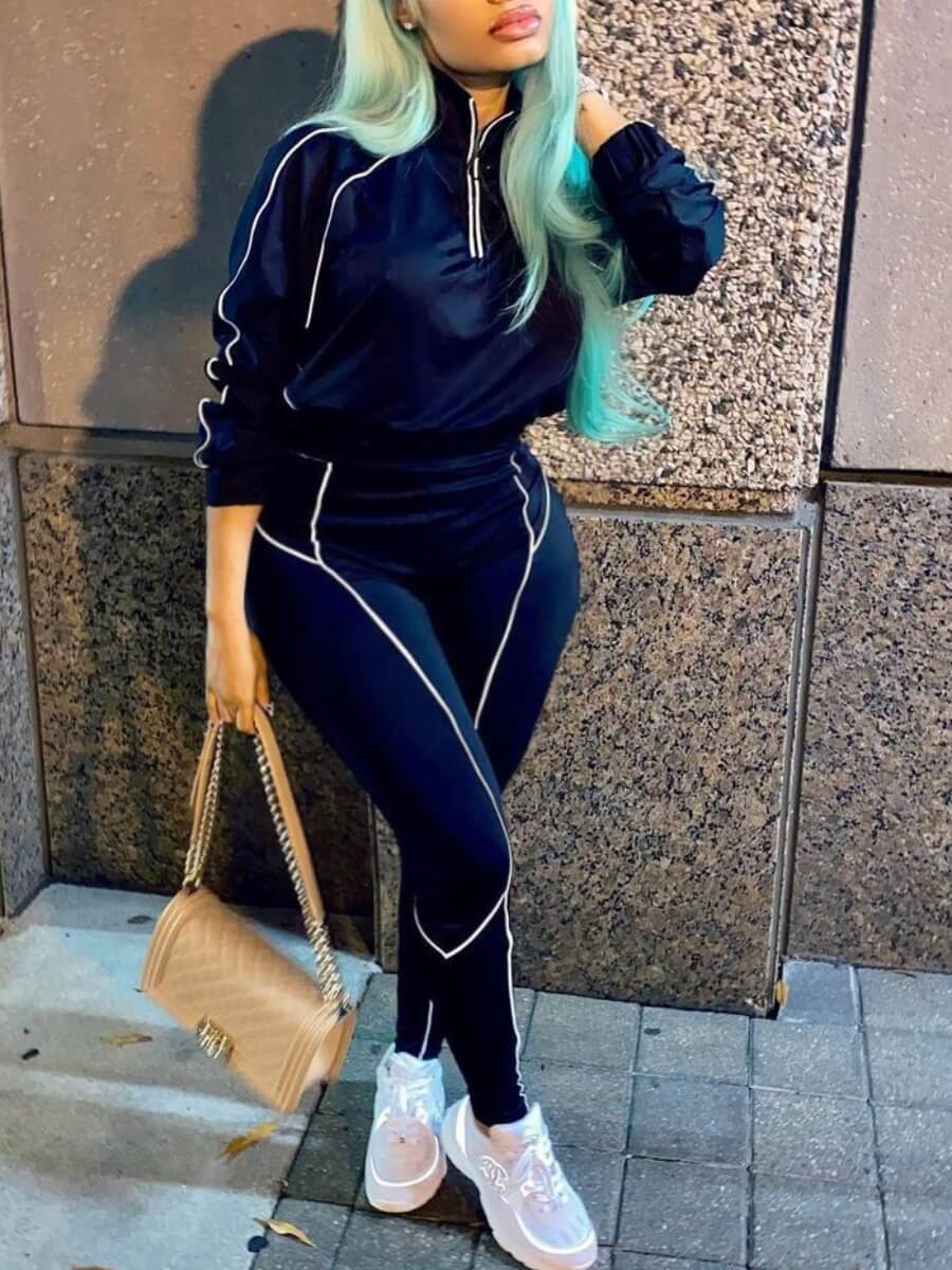 

Lovely Sportswear Turndown Collar Patchwork Black Plus Size Two-piece Pants Set