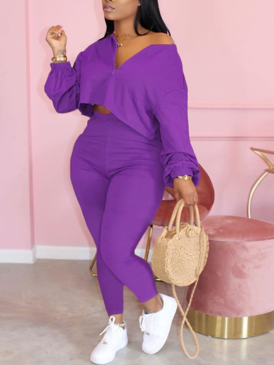 

LW Plus Size Casual Zipper Design Purple Two-piece Pants Set