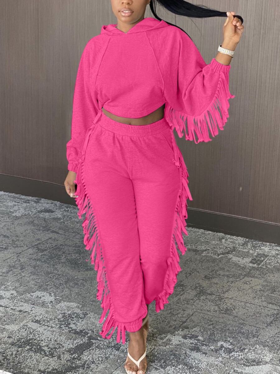 

Lovely Street Hooded Collar Tassel Design Rose Red Two Piece Pants Set