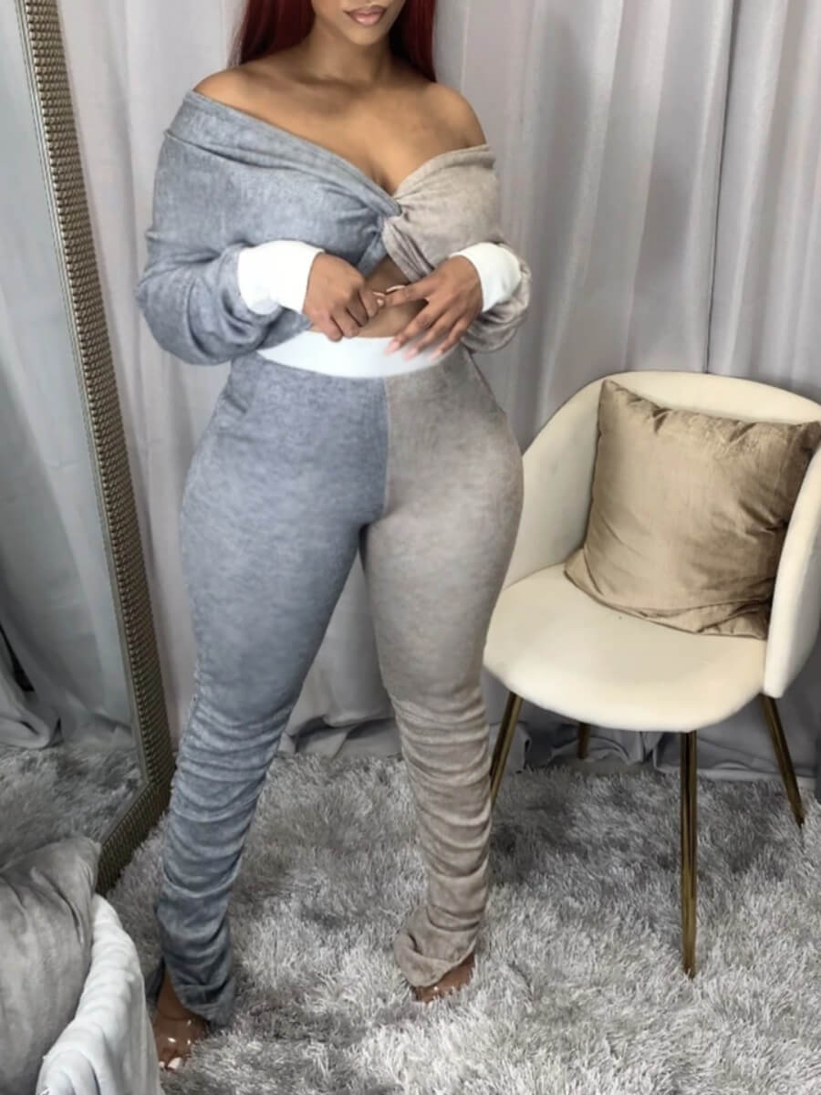 

Lovely Trendy V Neck Fold Design Grey Two Piece Pants Set