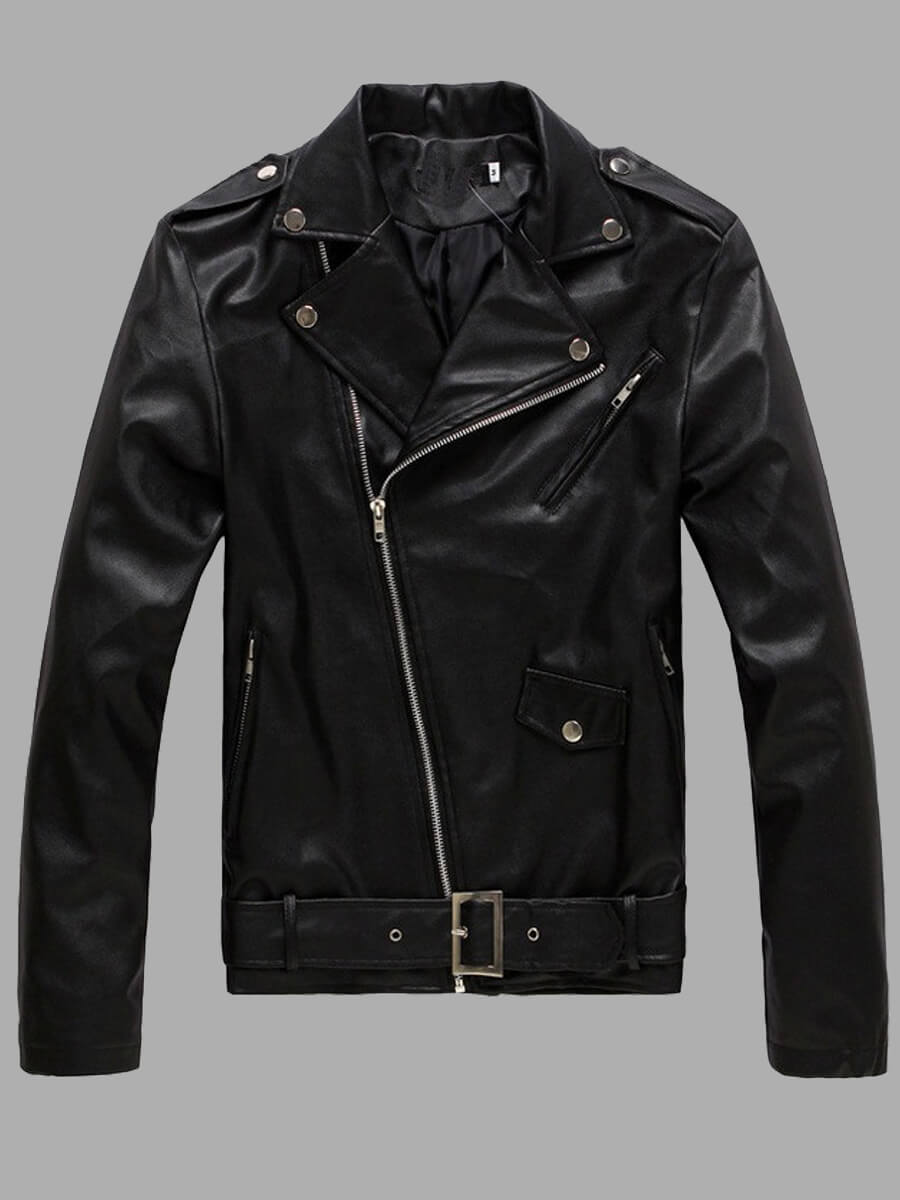 

Lovely Street Turndown Collar Zipper Design Black Men Leather