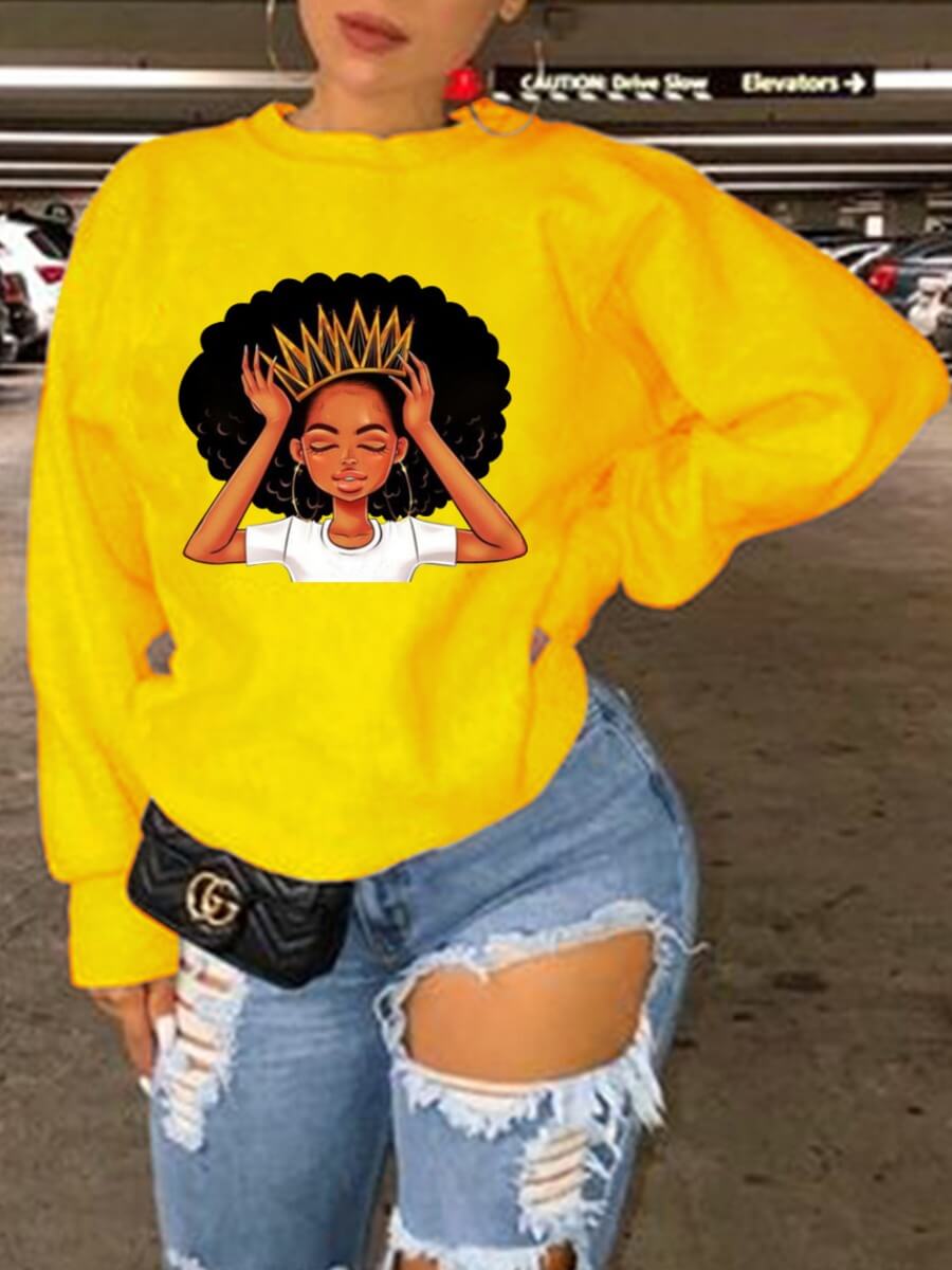 

LW Leisure O Neck Print Yellow Hoodie