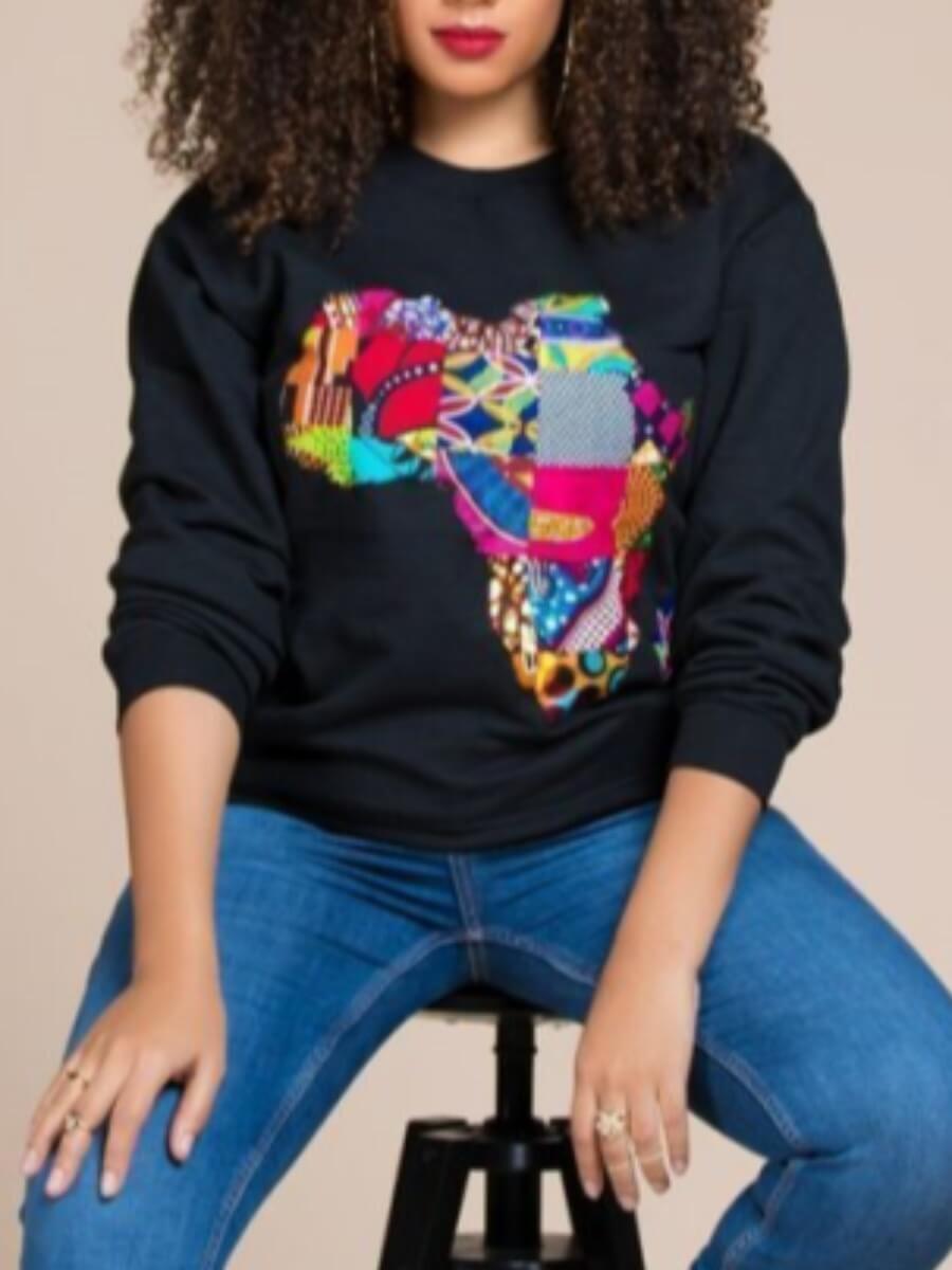 

Lovely Casual O Neck Print Patchwork Black Hoodie