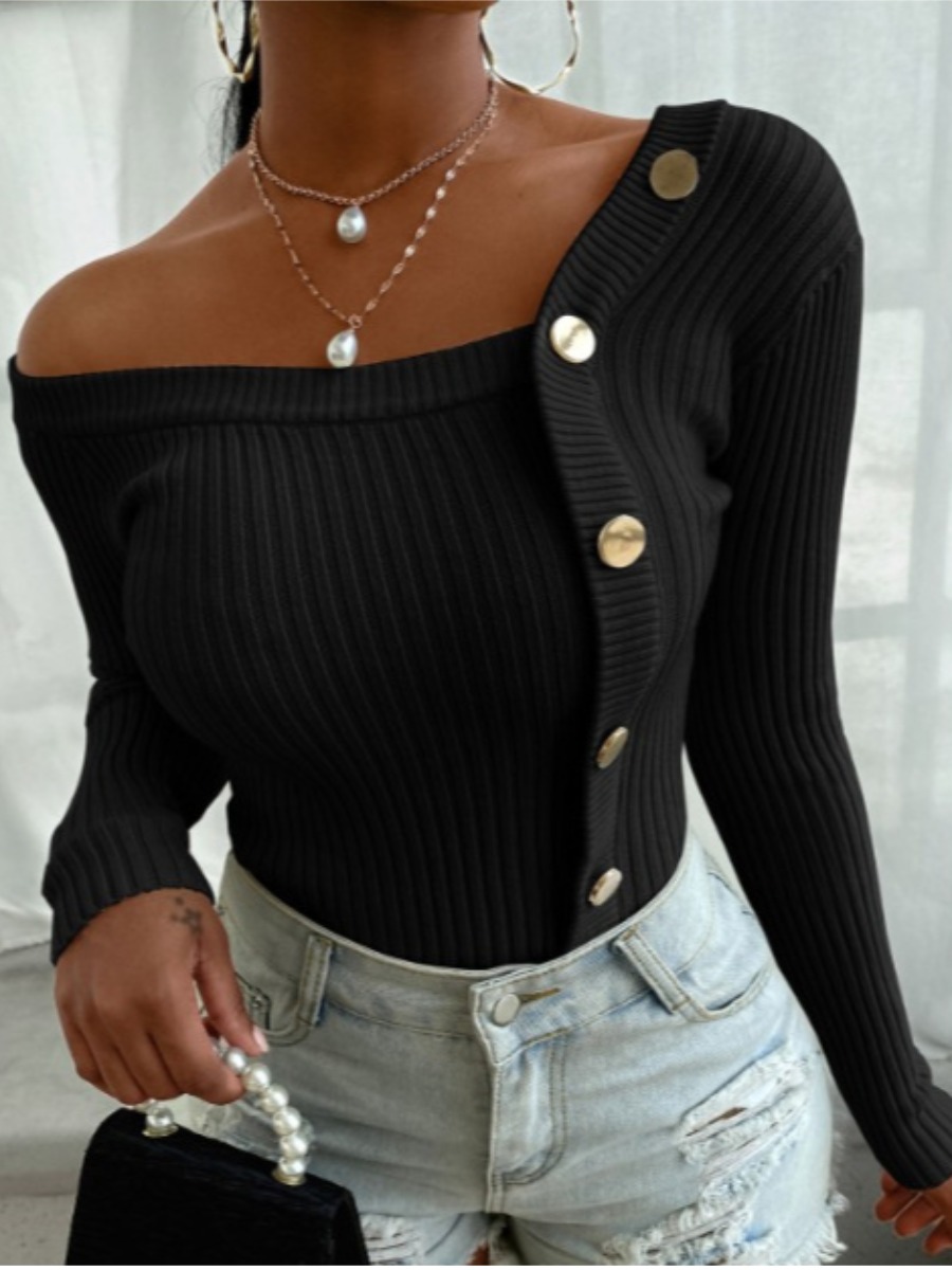 

Lovely Trendy Buttons Design Black Plus Size Sweater