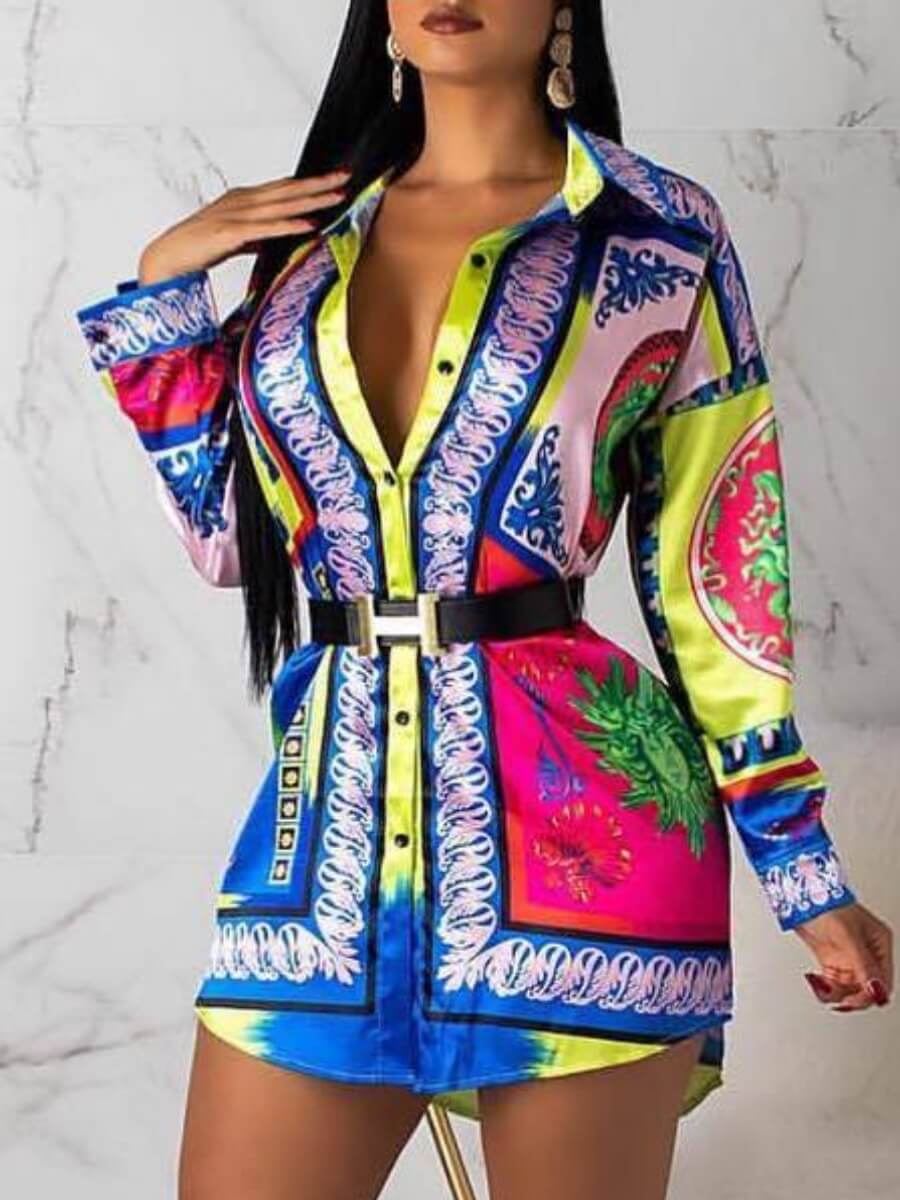 

Lovely Trendy Turndown Collar Print Blue Mini Dress